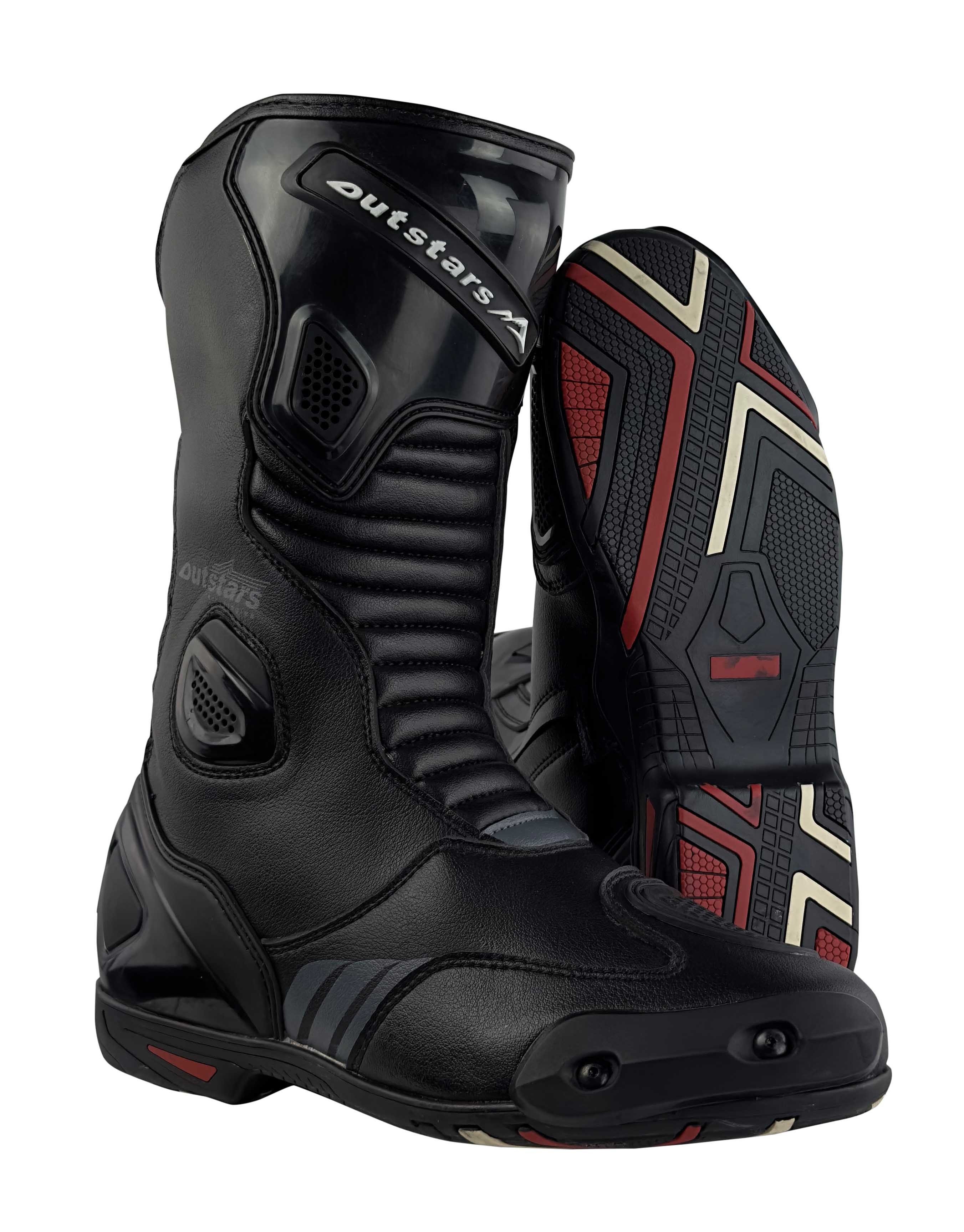 OUTSTARS RO019 - Racingstiefel mit Schleifpads & Belüftung, schwarz Motorradstiefel aus echtem Leder, Schleifpads & Belüftung