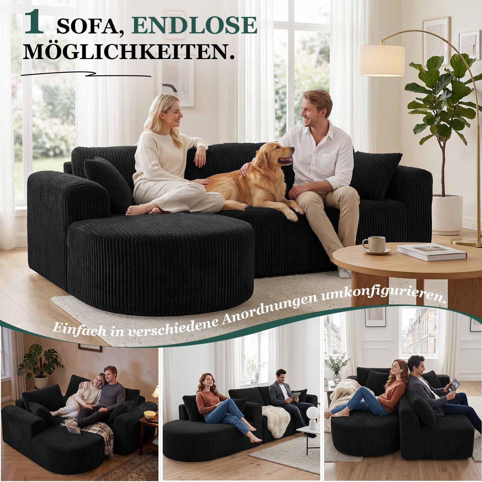 COMHOMA Sofa Ecksofa mit Schlaffunktion, Corduroy Modulares Boneless Couch, mit Chaiselongue, L-Form Schlafsofa, Sektionssofas mit Kissen & Seitentaschen