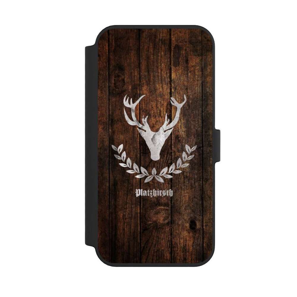 NIVOCASE Handyhülle Hirsch Holzoptik Holz Platzhirsch, Apple iPhone 14 Pro Max Klapphülle Handyhülle aus Kunst Leder