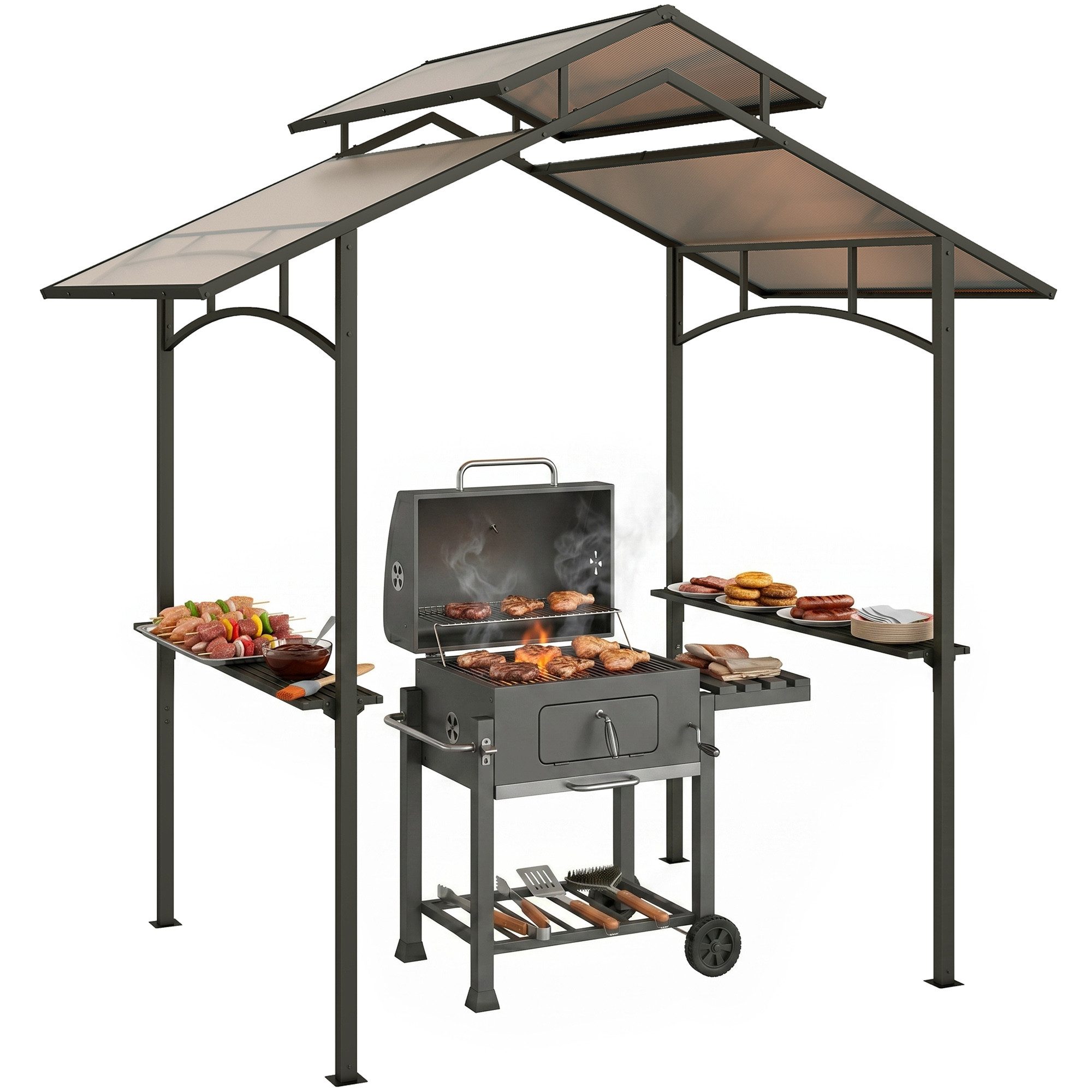 Outsunny Grillpavillon mit Flammschutzdach, mit 4 Seitenteilen, (BBQ-Pavillon, Grillpavillon), für Garten, Balkon, Schwarz+Braun