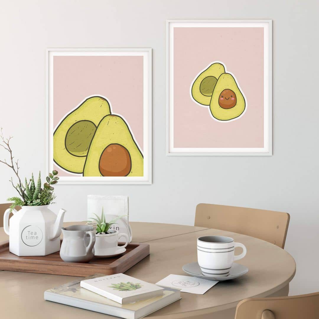 Poster Poster Collage + Bilderrahmen Avocado Lover Rosa Grün Retro 2er Set
