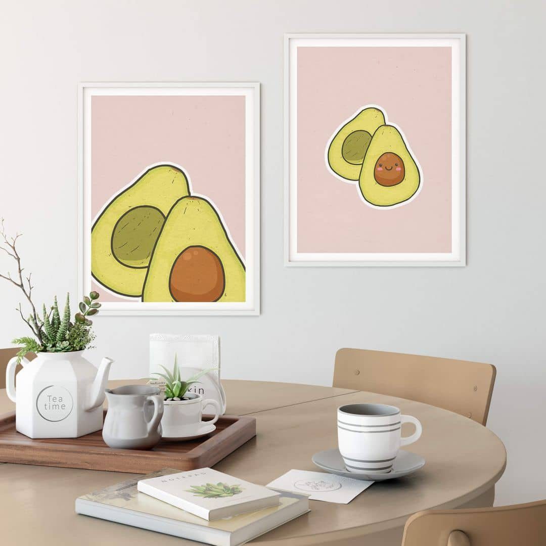 K&L Wall Art Poster modern Rosa 2er Wandbild Lover Retro Set, Avocado Wohnzimmer Poster Collage Grün + Bilderrahmen