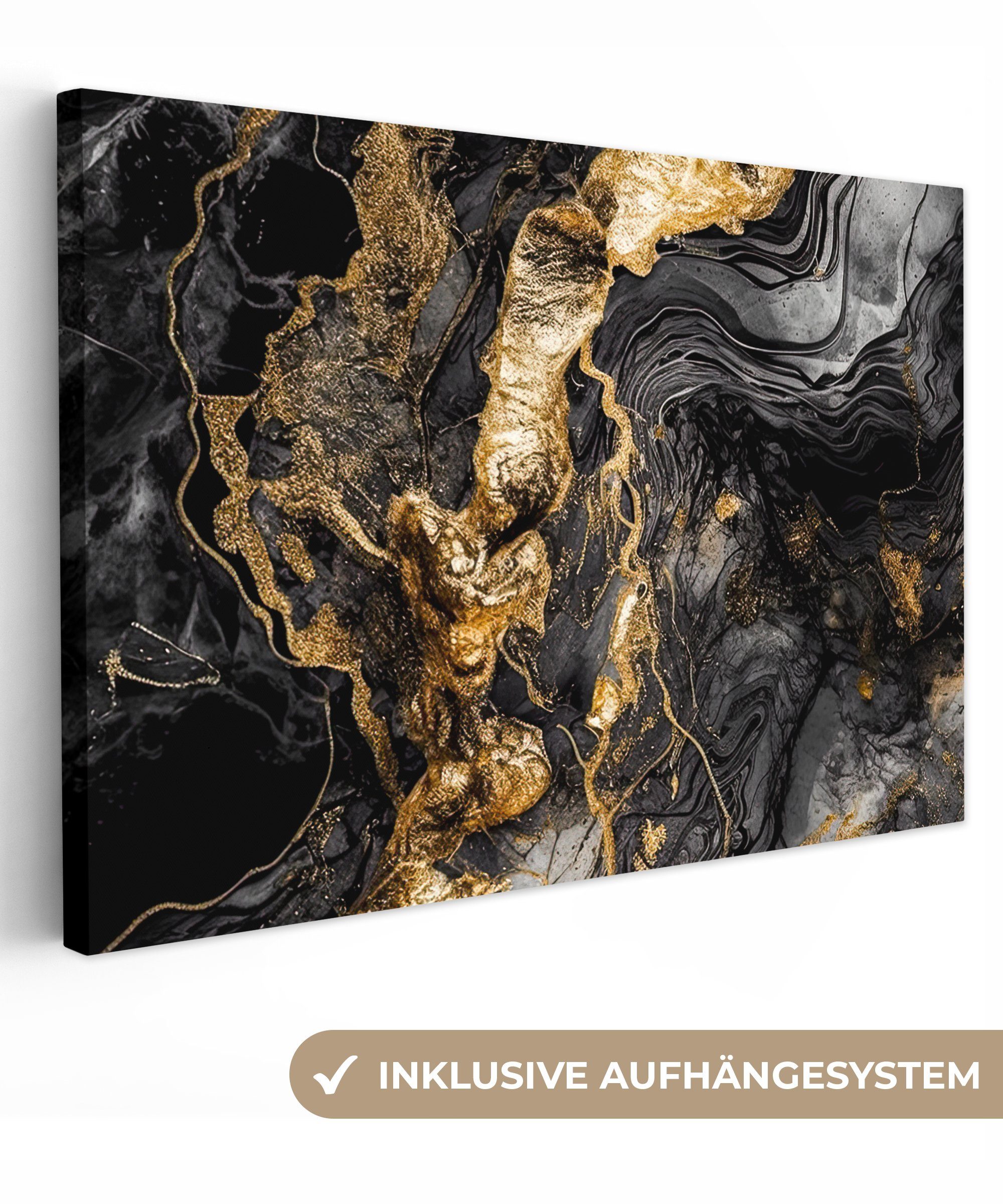 OneMillionCanvasses® Leinwandbild Marmor - St), Schwarz Leinwandbilder, cm Aufhängefertig, - - Wanddeko, Gold 30x20 (1 Wandbild Abstrakt