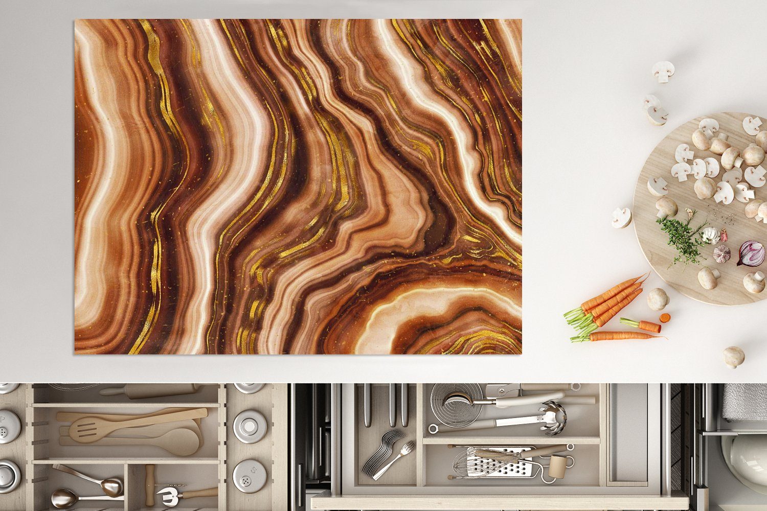 MuchoWow Herdblende-/Abdeckplatte Marmor cm, 70x52 Ceranfeldabdeckung - Arbeitsfläche Beige, Vinyl, - nutzbar, Braun Mobile (1 tlg)