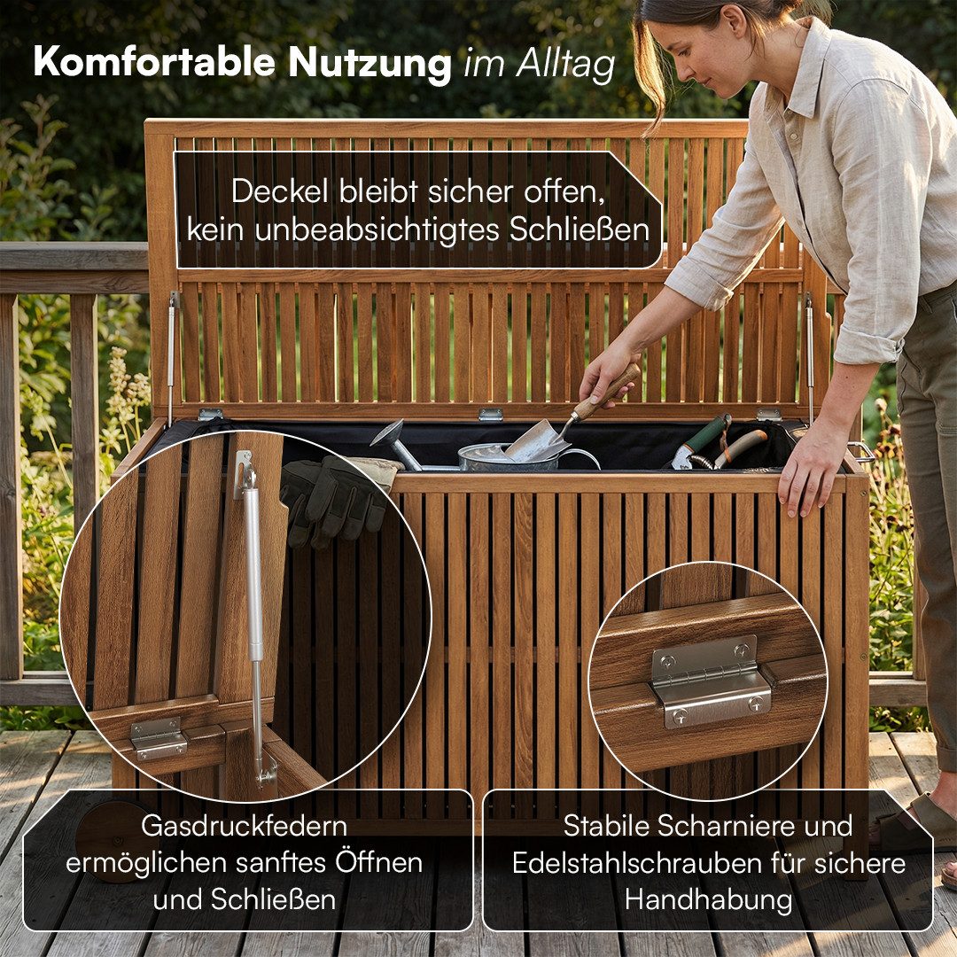 STEELSØN Auflagenbox Alkes Gartenbox aus Akazienholz mit klappbarem Deckel (geölt, mit Rädern & Griff), wetterfeste Kissenbox, hochwertige Innentasche, Sitztruhe für Garten