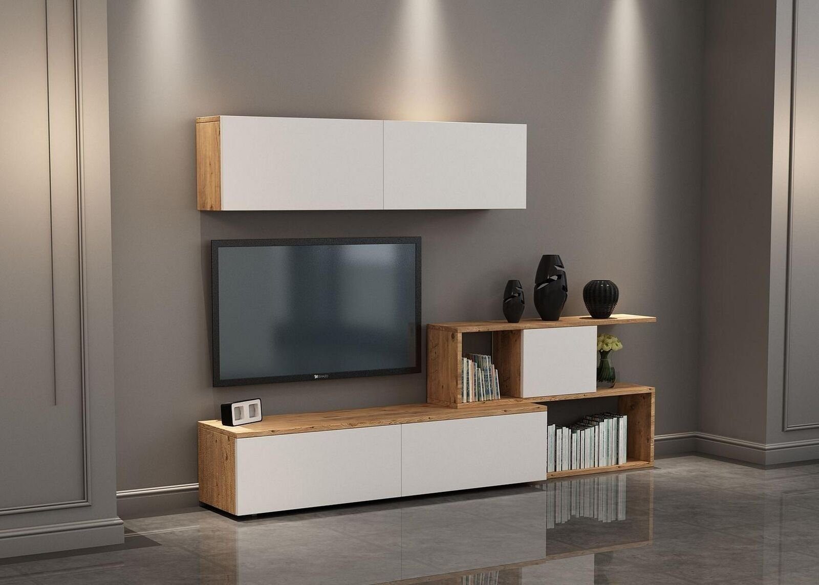 JVmoebel Wohnwand Luxus TV-Ständer Wohnzimmer Holz Möbel Modern Design Einrichtung, (1-St., 1x Wohnwand), Made in Europa Weiß/Braun | Wohnwände