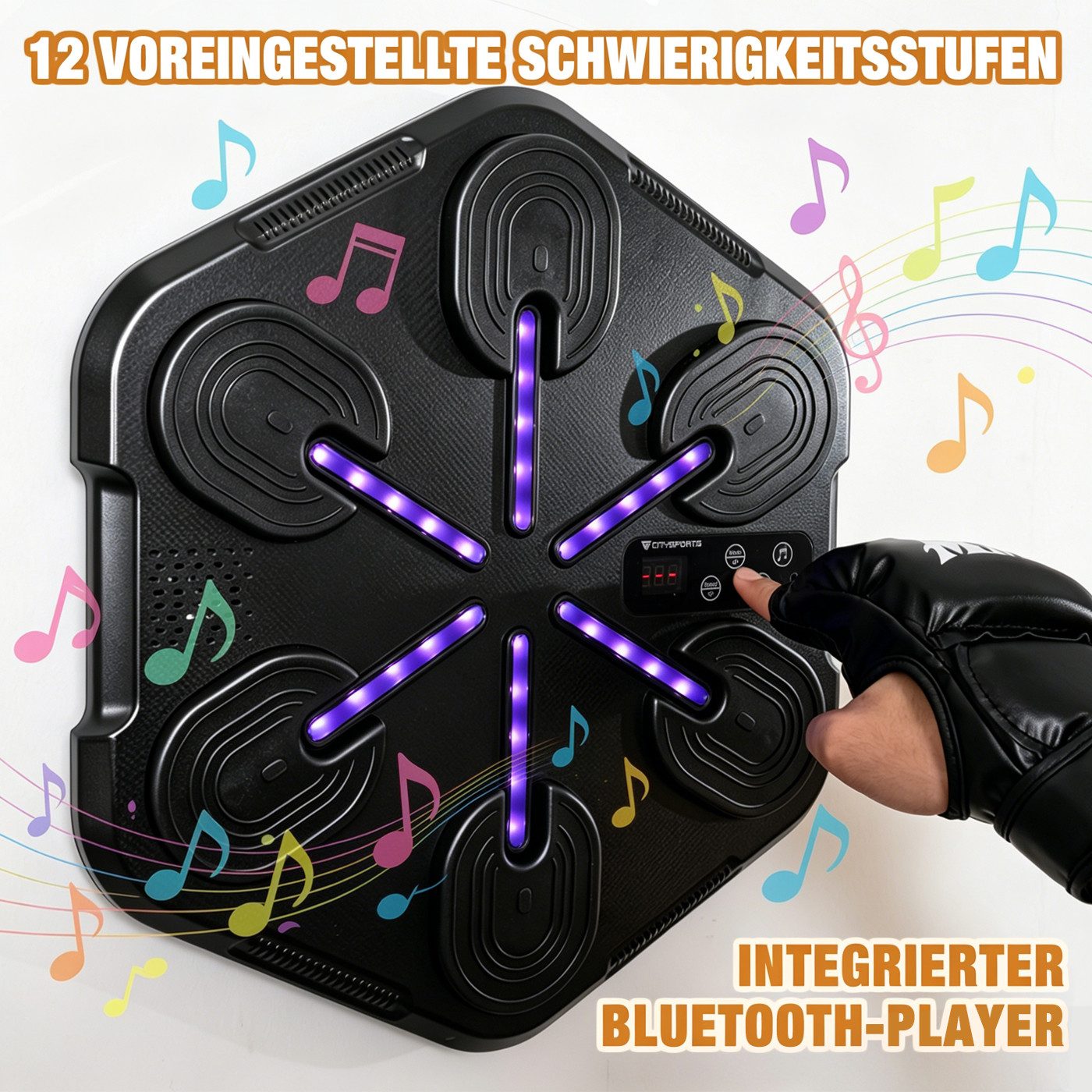 CITYSPORTS Boxmaschine Musik Boxmaschine mit Bluetooth,LED, Music Boxing Machine für Zuhause, Intelligentes Boxtraining mit Handschuhen,Reaktions&Fitness Training