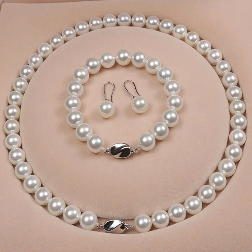 ROUGEMONT Perlenketten-Set Damen Perlenkette Halskette +Ohrringe + Armband 925 Sterling Silber