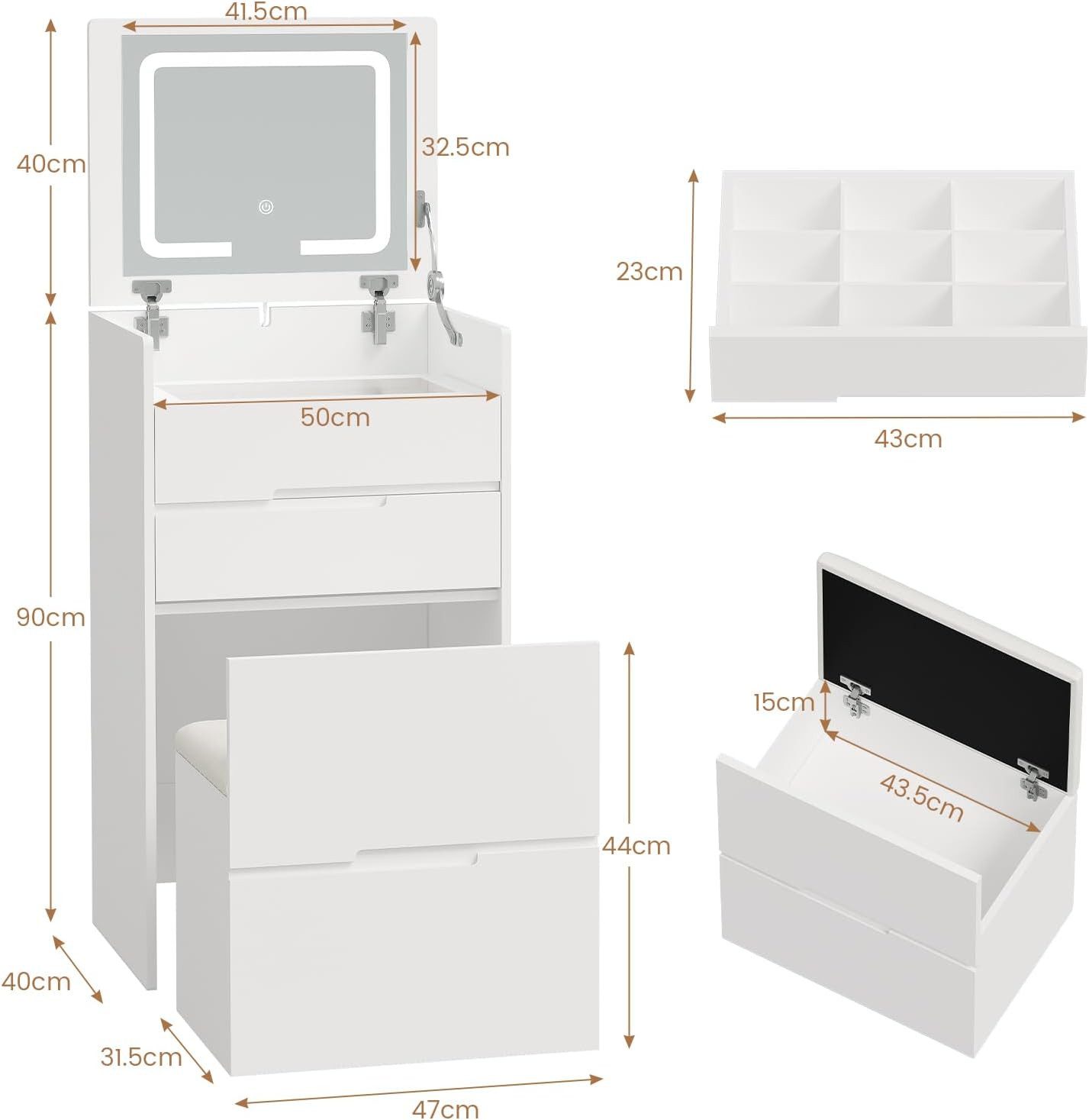 KIMENICH Schminktisch Kleine mit hochklappbarem Spiegel und LED Beleuchtung günstig online kaufen