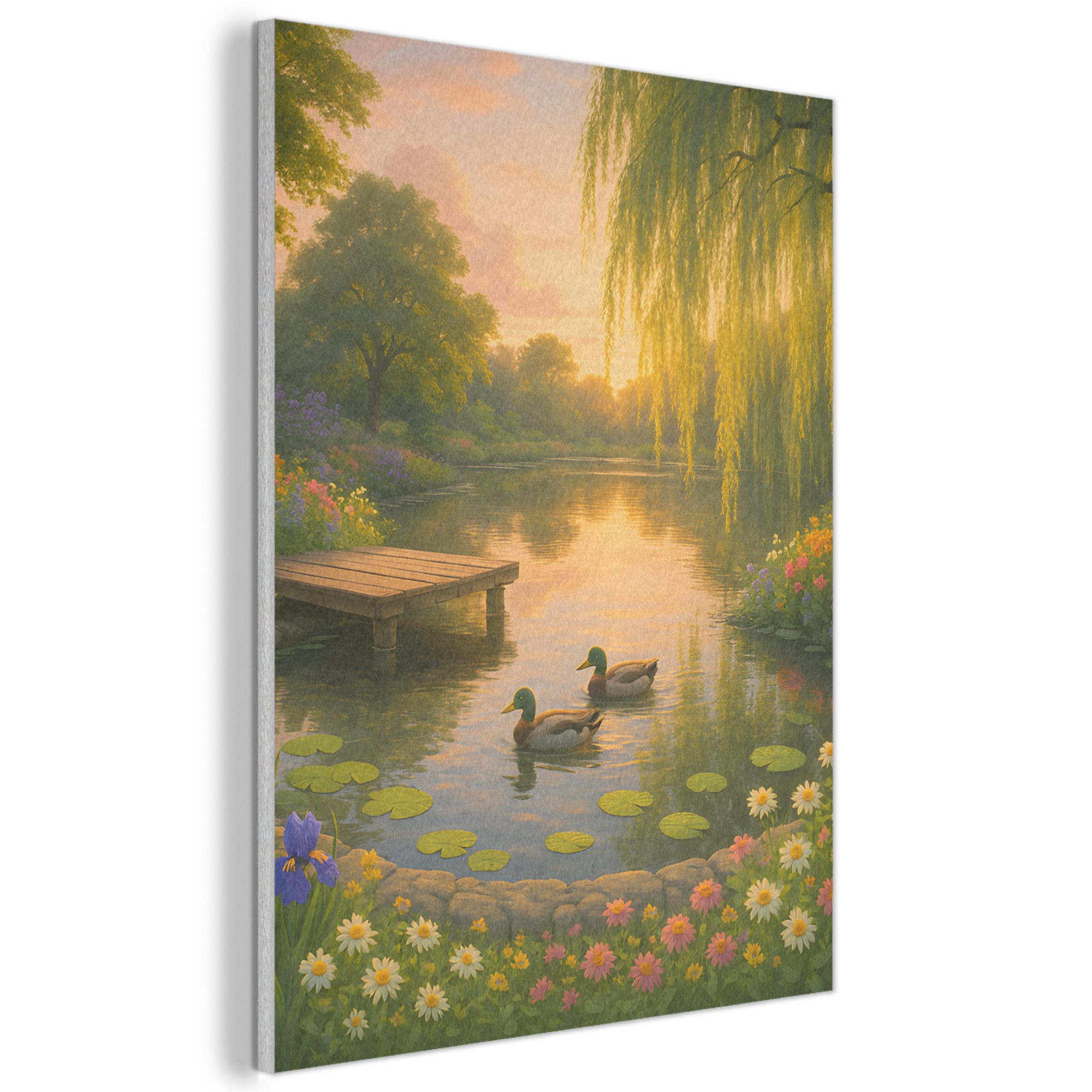 MuchoWow Gemälde Enten - Teich - Blumen, Fotodruck (1 St), Akustikpaneele, Wandpaneele, Schalldämmung, Akustikbilder 30x40 cm
