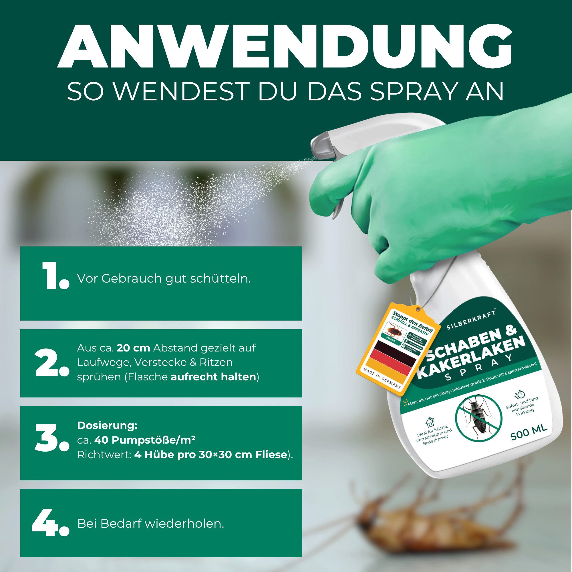 Silberkraft Insektenspray Schabenspray 500ml inkl. E-Book per QR-Code, Effektive Abwehr für ein schabenfreies Zuhause, 1-St., Schabenmittel & Kakerlakenspray ge – Bild 5 von 5