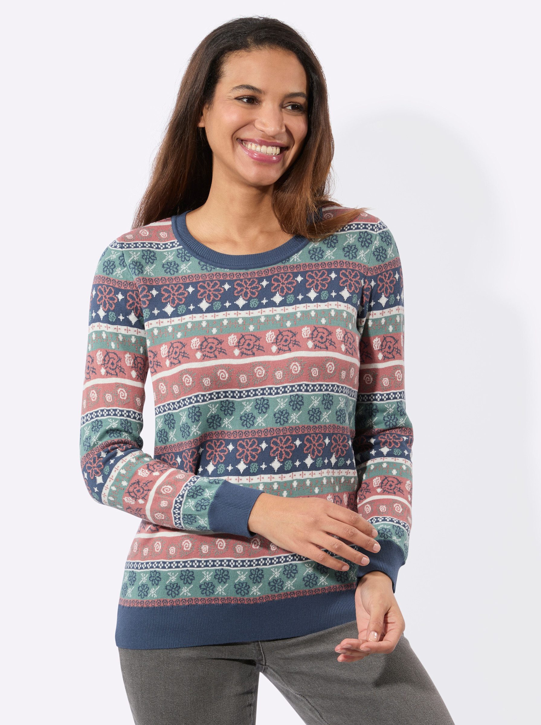 Strickpullover Jacquard-Pullover Langarm Jacquard