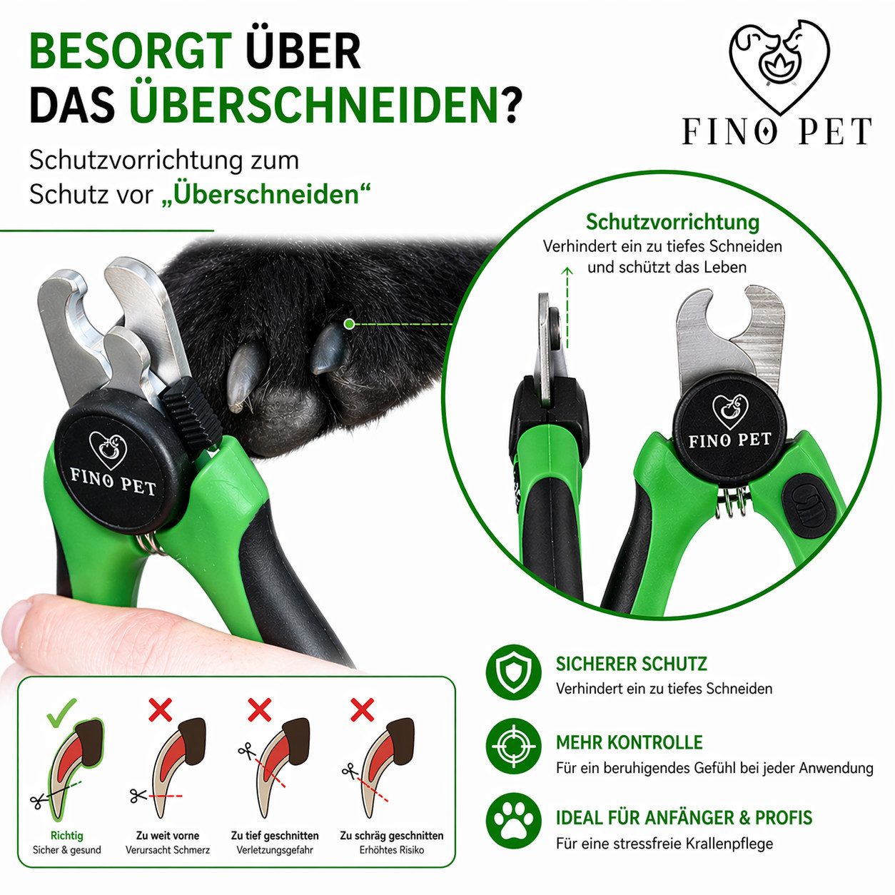 FinoPet Krallenschneider Krallenschere für Hunde & Katzen - Mit Schutz & Abstandhalter, (Krallenzange für Kleine Krallen - Krallenfeile im Griff - Hundekrallen Schneider, 1-tlg), Alternative zu Nagelschere & Krallenschleifer