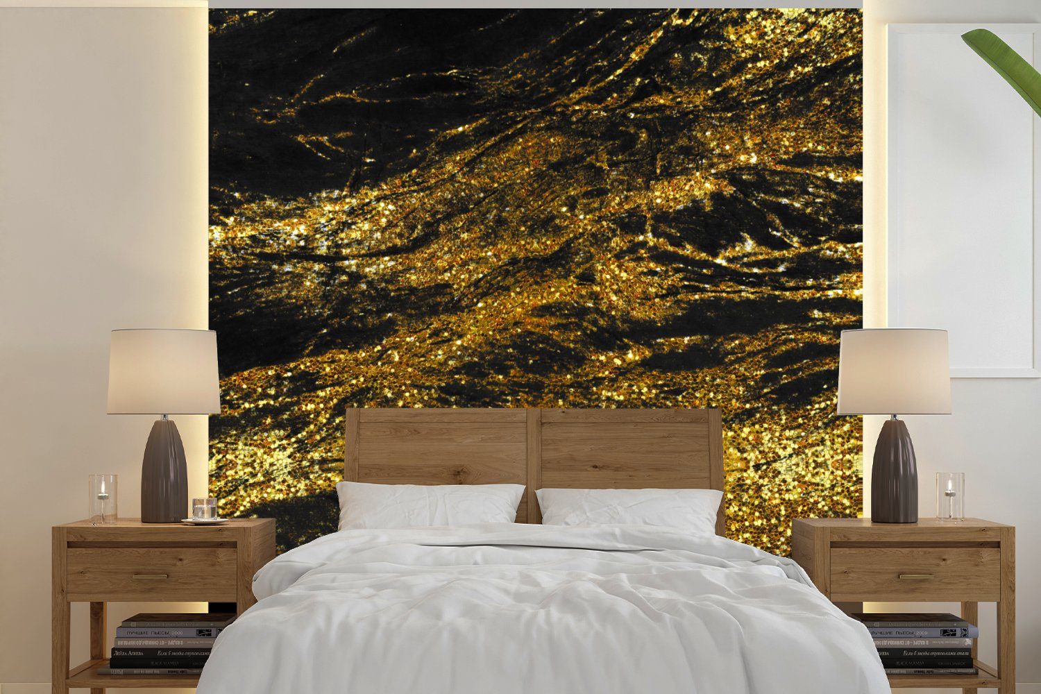 - (4 Vliestapete Schlafzimmer bedruckt, Fototapete Küche, Marmor Fototapete Trendy, für St), - - Schwarz Gold Wohnzimmer Matt, MuchoWow