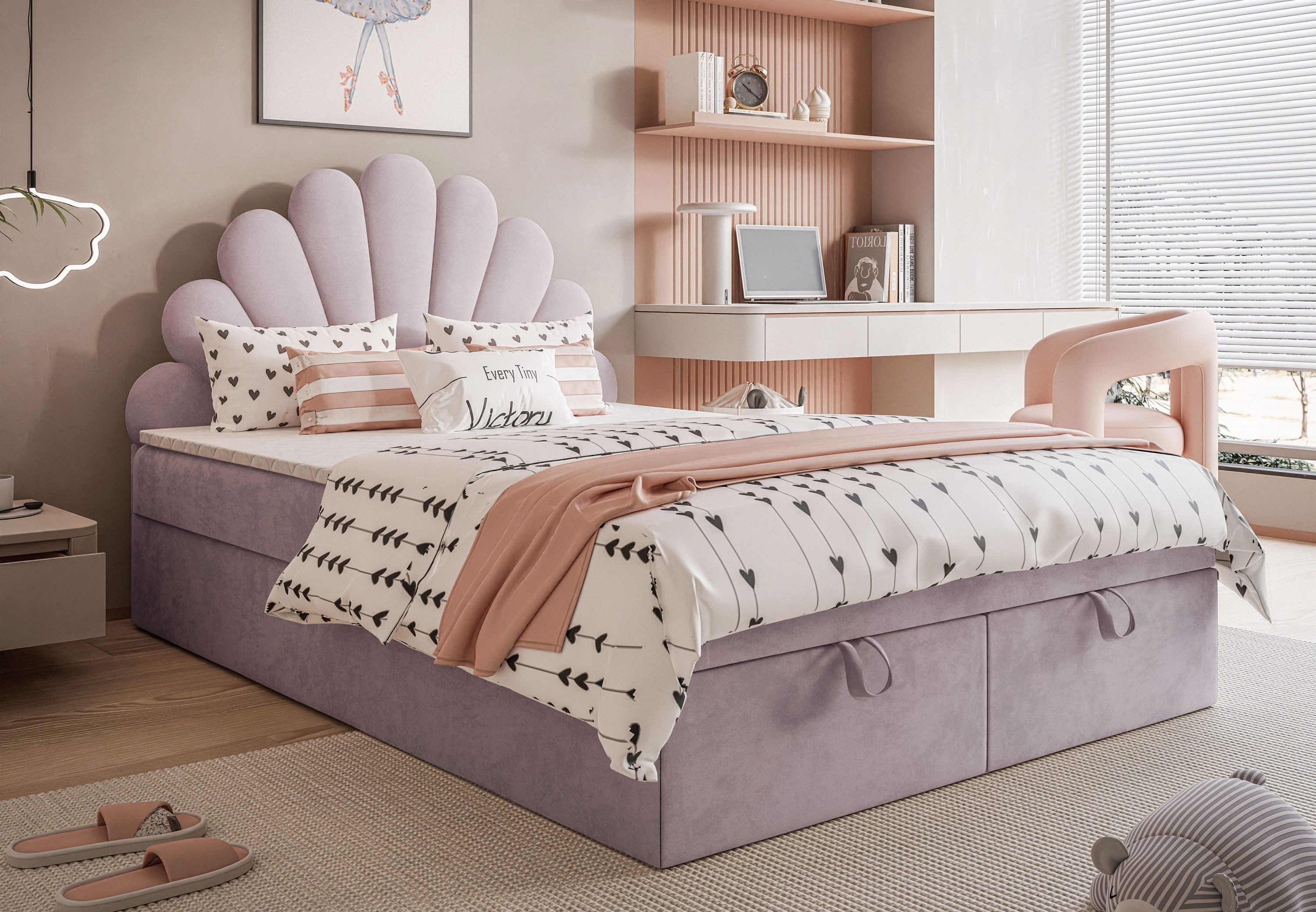 Lookway Boxspringbett ASHLEY Polsterbett mit Muschel-Kopfteil und Bettkasten (Boxspringbett mit Topper), gepolstertes Kopfteil