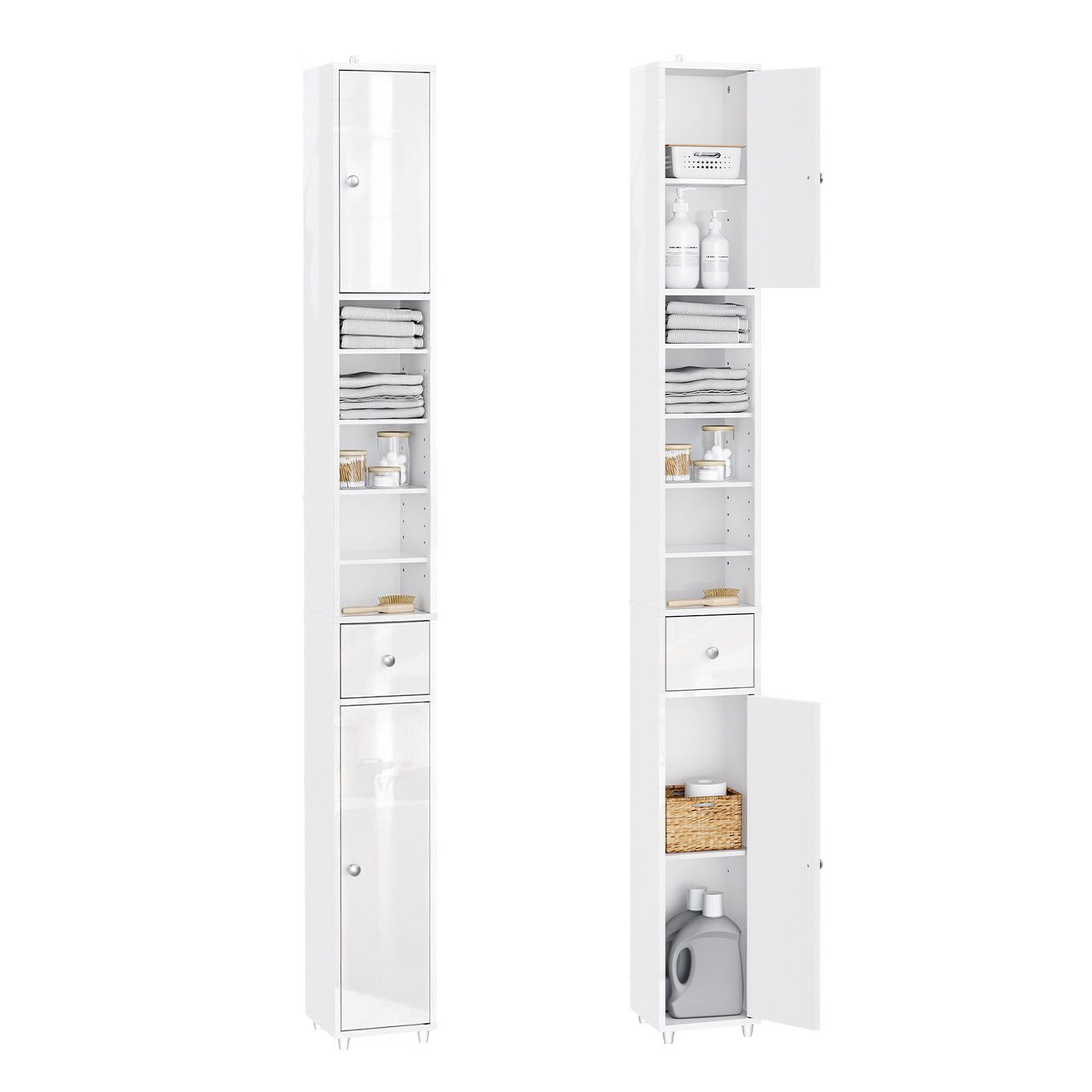SoBuy Hochschrank BZR167, Badezimmerschrank schmal, Hochglanz Weiß, 20cm schmal Badregal Platzsparender Nischenschrank, verstellbare Ablagen, offenes Fach