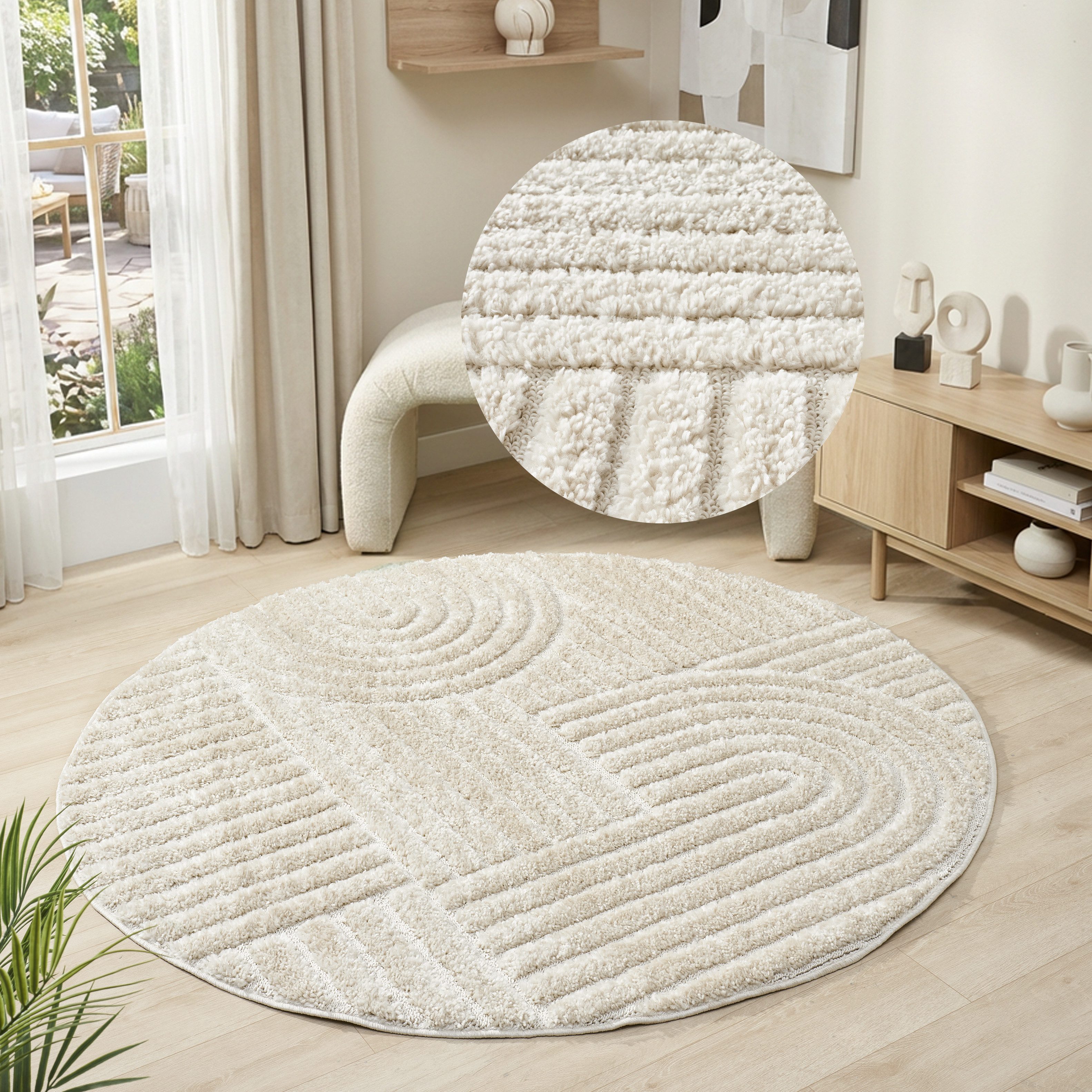 OTTO home Teppich Jonne, Boho-Design, Scandi, Designteppich, rund, Höhe: 20 mm, Hoch-Tief, 3D Optik, skandinavischer Stil, Wohnzimmer, Schlafzimmer