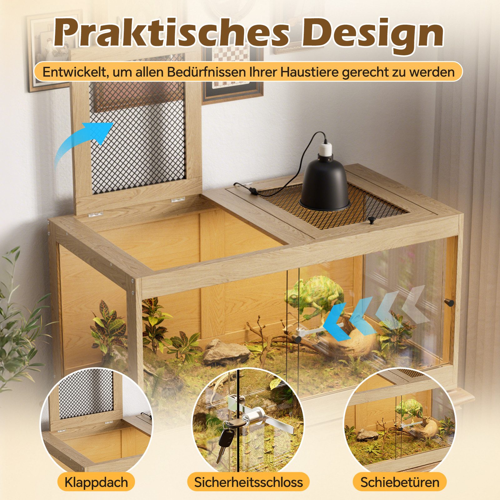 TWSOUL Terrarium Reptilien-Terrarium mit Belüftung, Metallgitterdach & Schiebetür, geeignet für Bartagamen, Schlangen und Echsen, 100*50*52cm