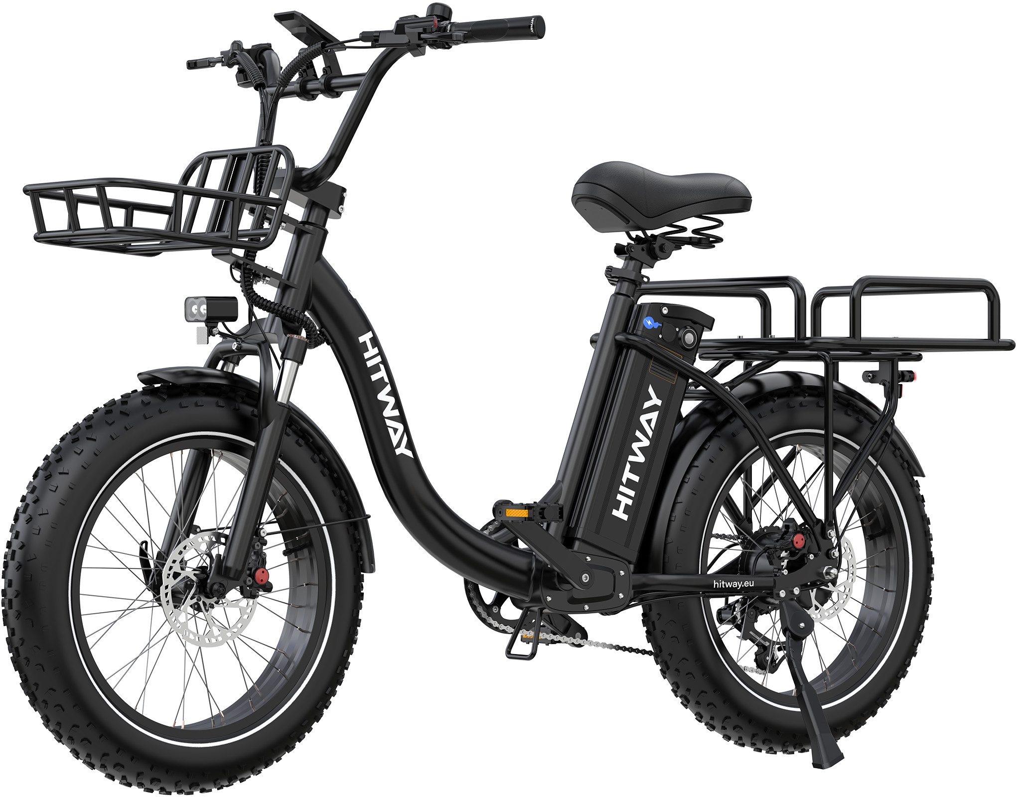 HITWAY E-Bike Cityrad 20*4,0 zoll Lasten-Elektrofahrrad mit 48V27Ah Akku, bis zu 160 km, 7 Gang shimano shimano Schaltwerk, Kettenschaltung, Heckmotor, 1296 Wh, E-BIKE mit 2 Körben, NFC,APP, StVZO