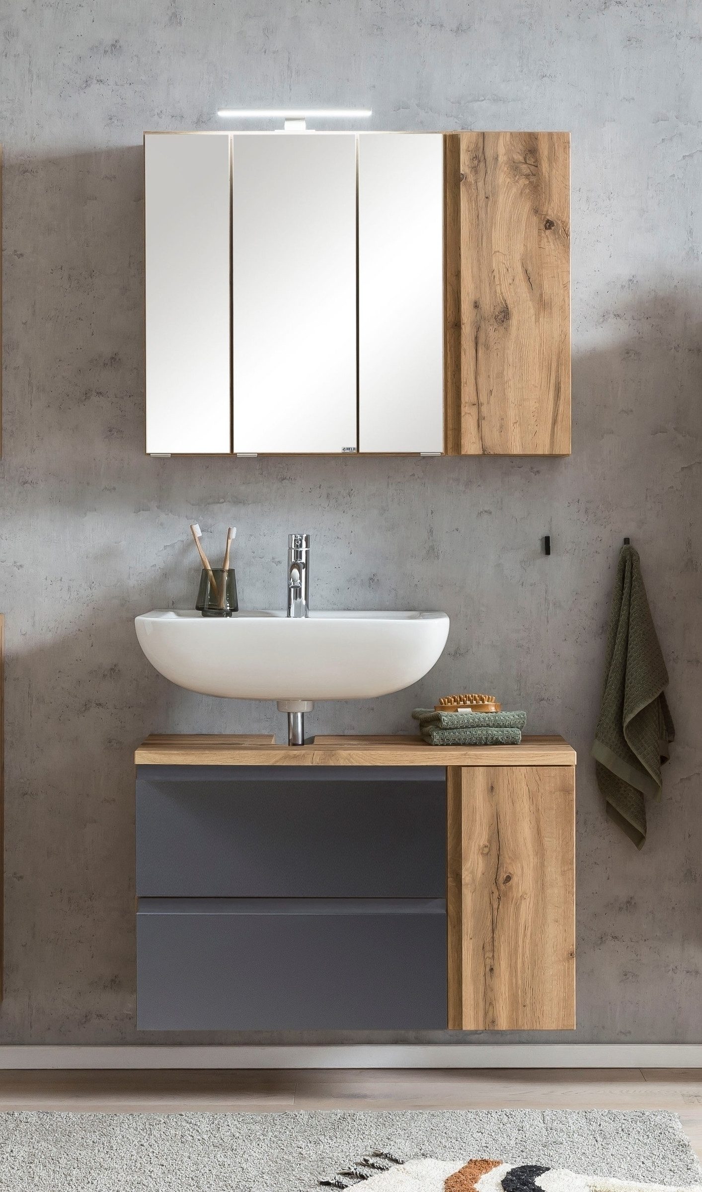 HELD MÖBEL Badmöbel-Set (2-tlg) in grau / Wotaneiche-Dekor - 85x195x35cm (BxHxT), (2-tlg)