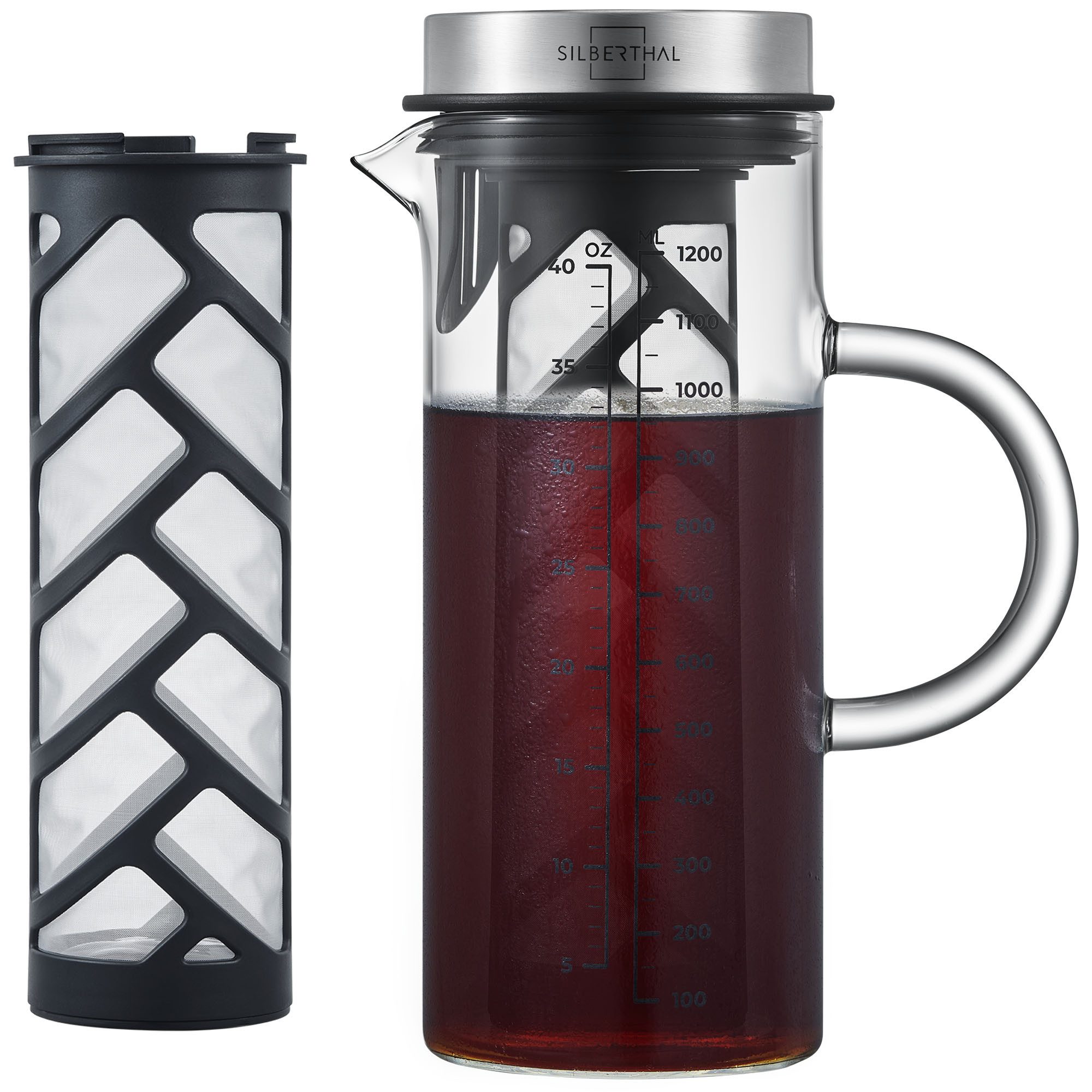 SILBERTHAL Cold Brew Zubereiter, 1.2l Kaffeekanne, mit feinem Siebfilter, Hitzebeständige Glaskaraffe