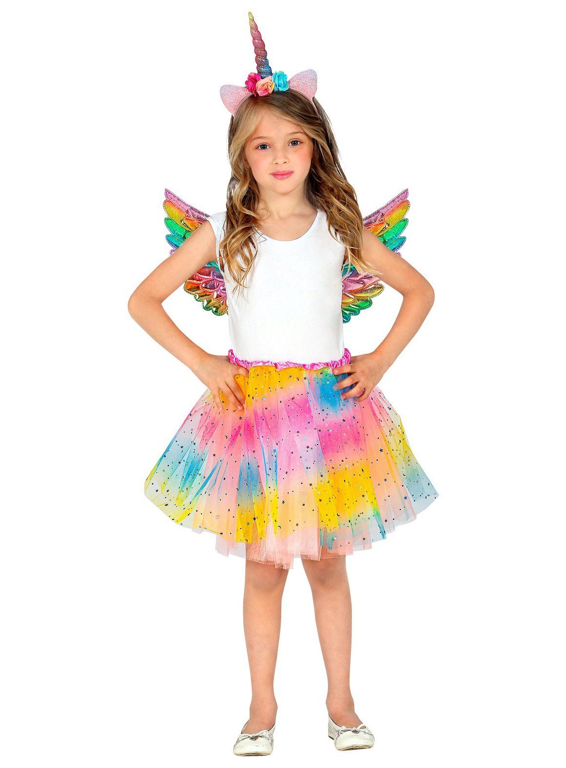 Widdmann Kostüm Kostüm Set Einhorn für Mädchen - 3-tlg mit Flügeln, Regenbogenbuntes Set aus Rock, Flügeln und Kopfschmuck