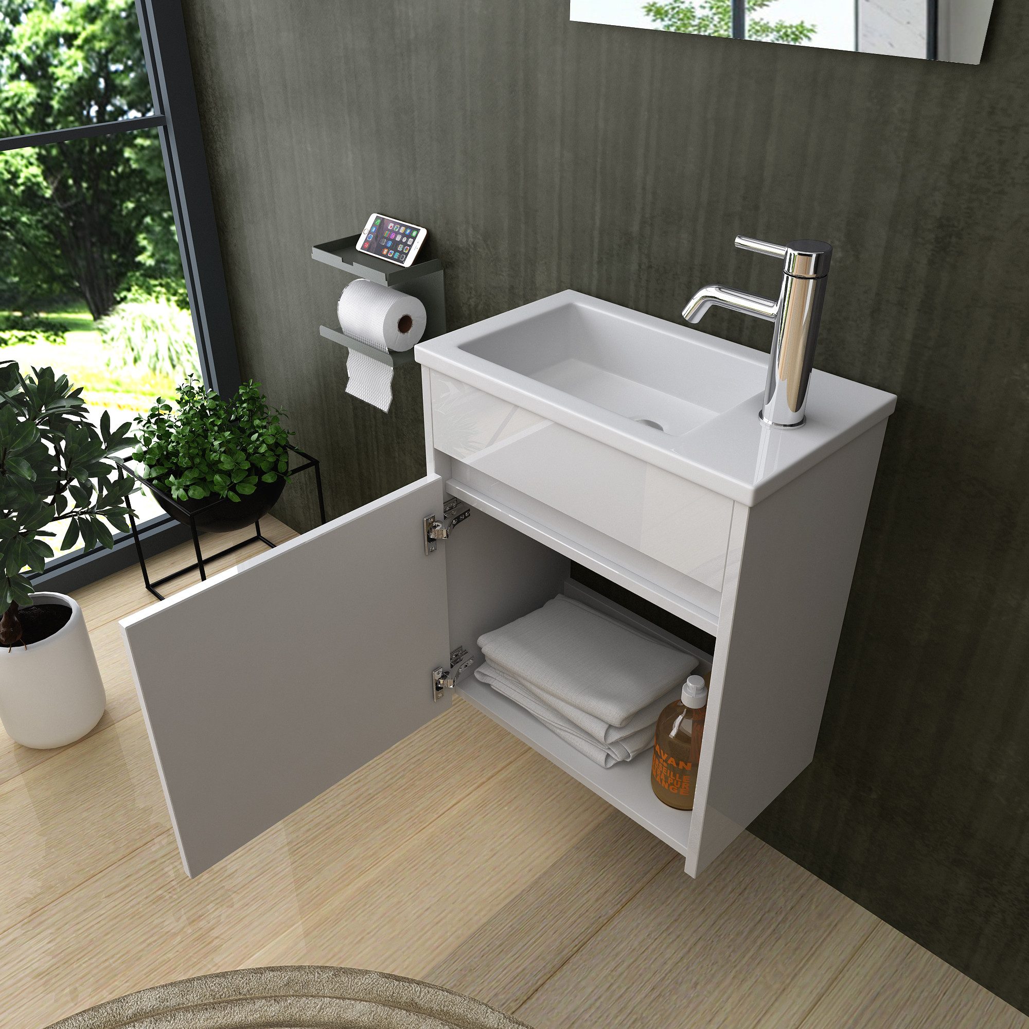 Homeline Badmöbel-Set Zamora Badmöbel-Set Badmöbel set Weiß Hochglanz Badezimmer Möbel, (Badmöbel Set, 3-St., Badezimmer Möbel) – Bild 3 von 5
