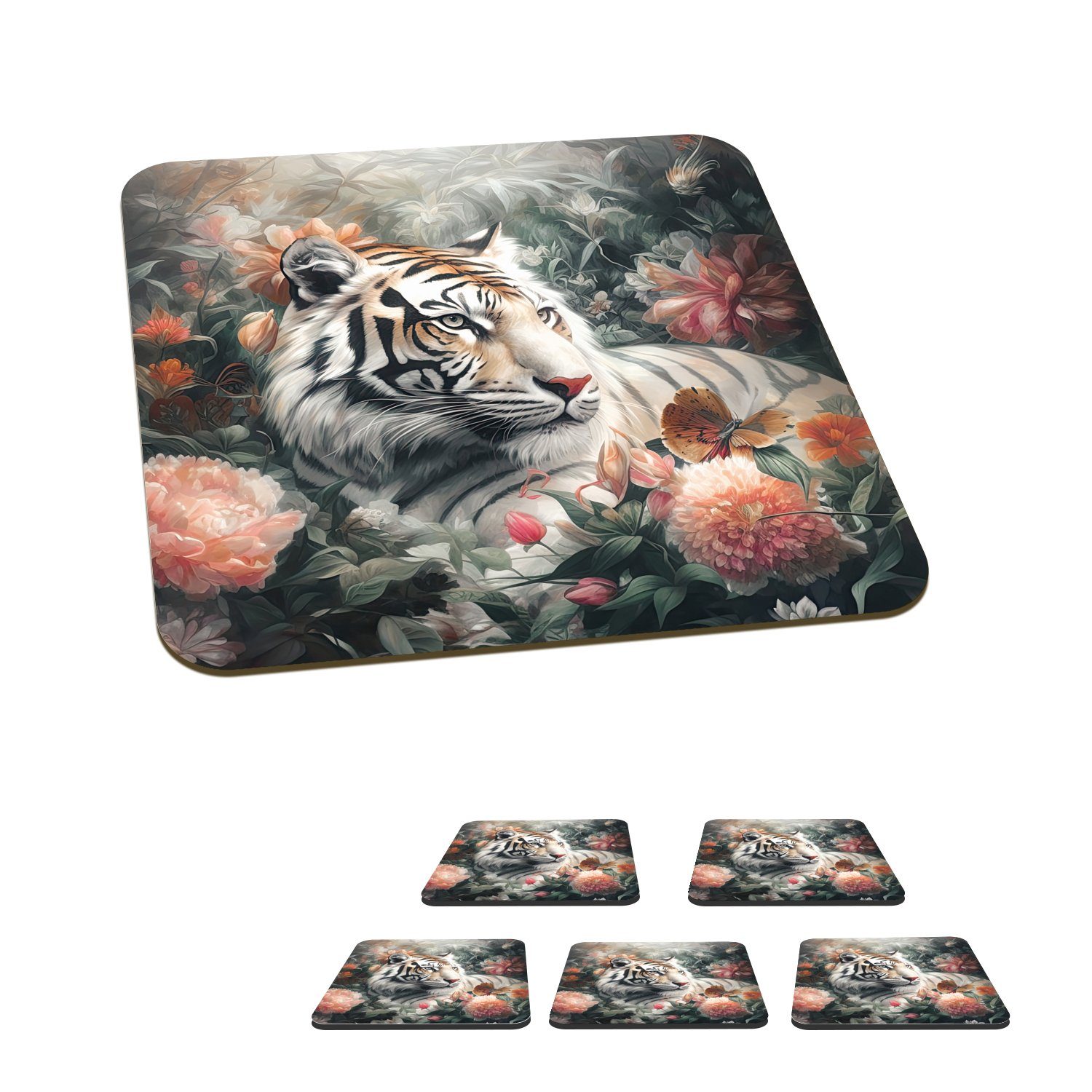 Glasuntersetzer MuchoWow Zubehör Untersetzer, Tiger 6-tlg., Blumen Tischuntersetzer, Glasuntersetzer, Gläser, Tasse Wildtiere - - Korkuntersetzer, - Dschungel, für