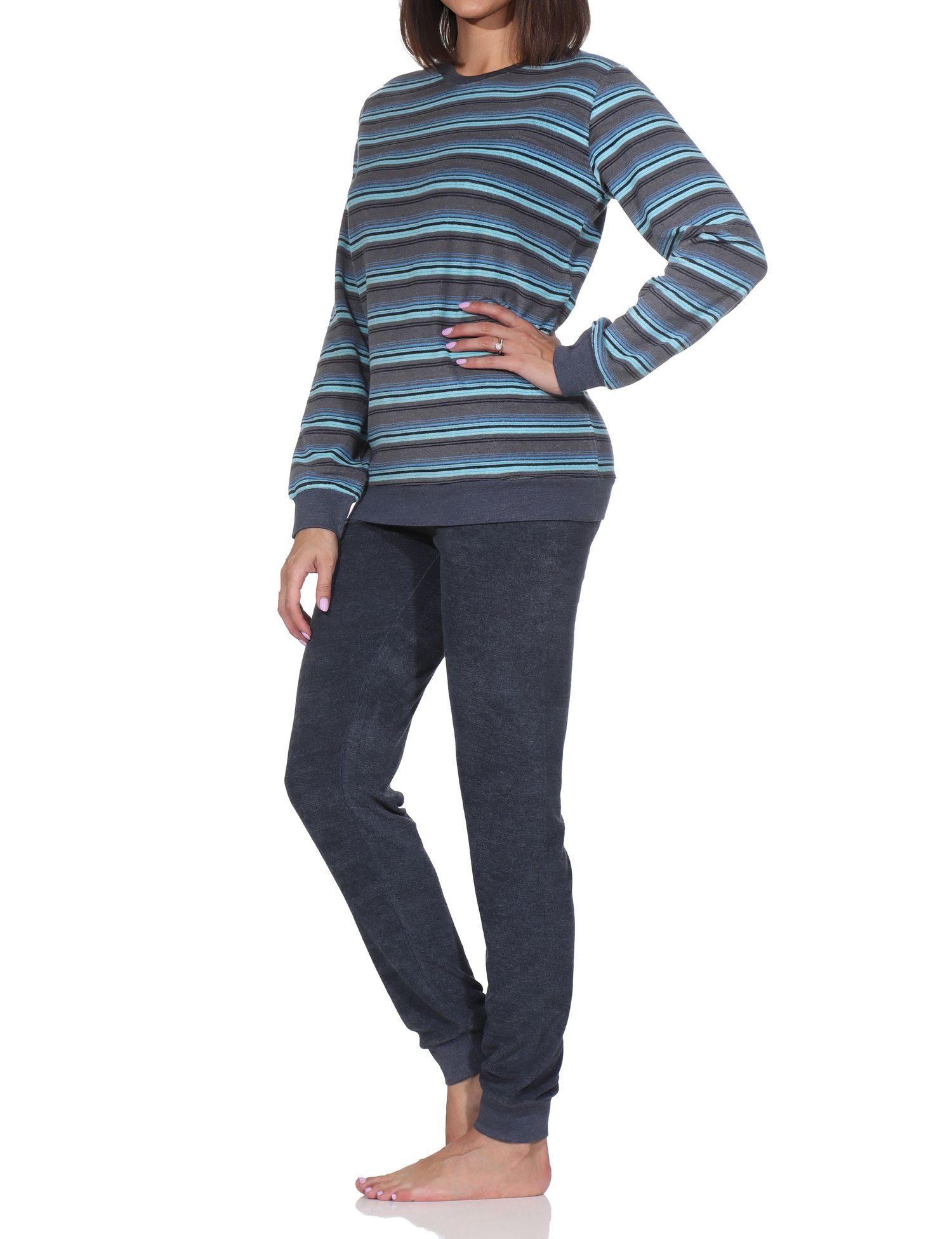 Normann Pyjama Damen Frottee Schlafanzug mit Bündchen in elegantem Streifendesign – Bild 2 von 5