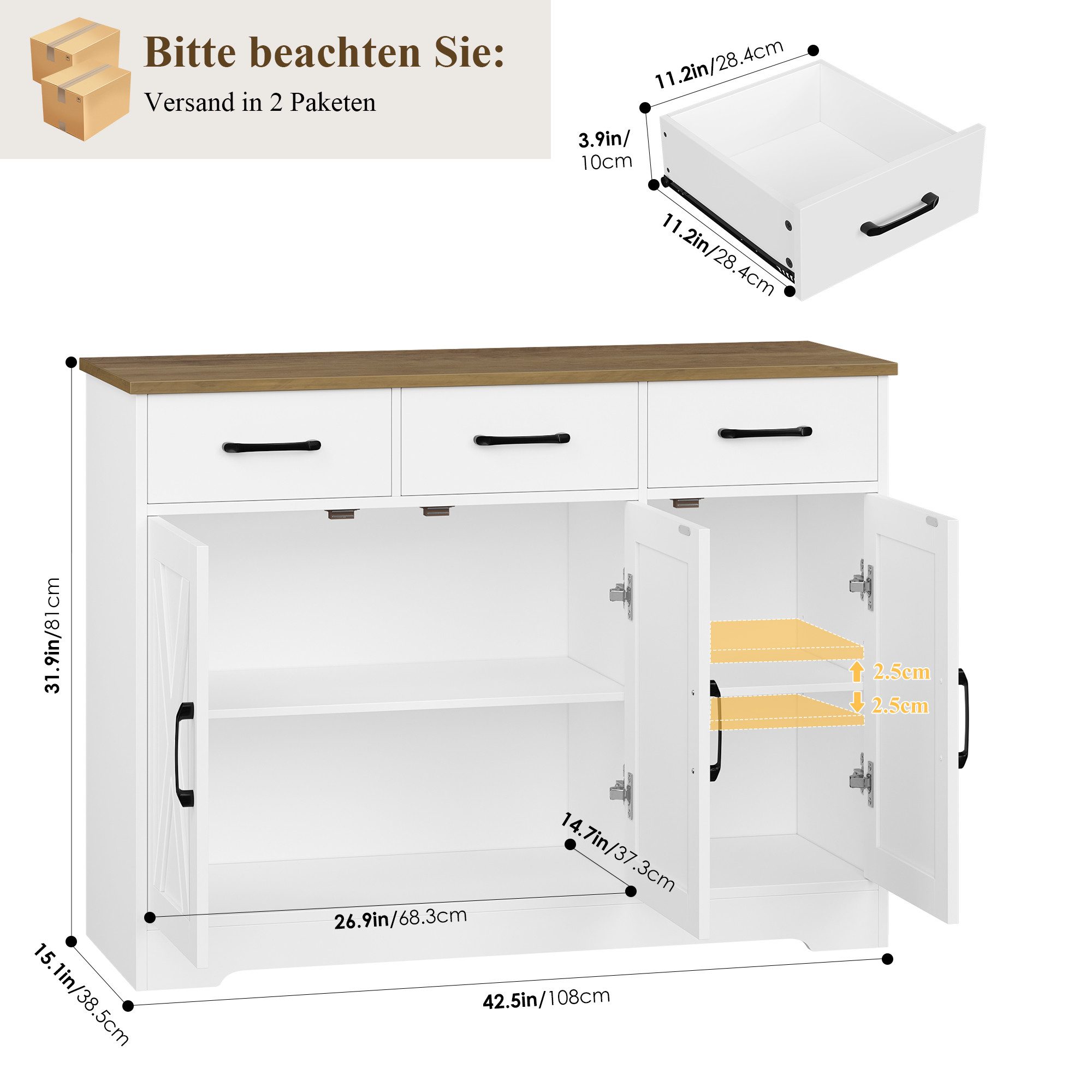 HOMECHO Sideboard, Küchenschrank mit 3 Schubladen und 3 Türen für Küche, Weiß