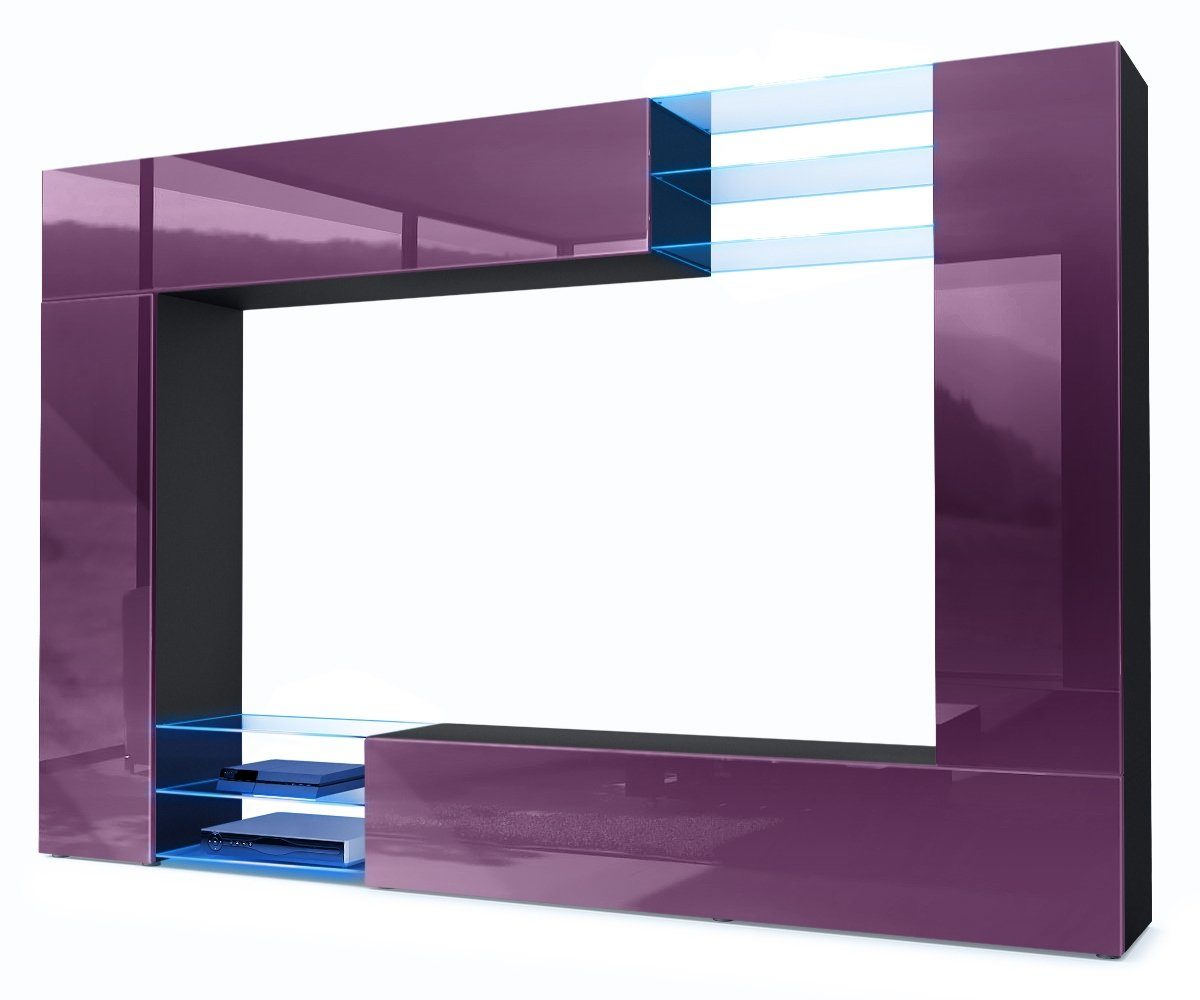 Vladon Wohnwand Mirage, (Anbauwand mit Rückwand mit 2 Türen, 4-St., 2 Klappen und 6 offenen Glasablagen), Schwarz matt/Brombeer Hochglanz, inkl. LED-Beleuchtung (262x183x39 cm)