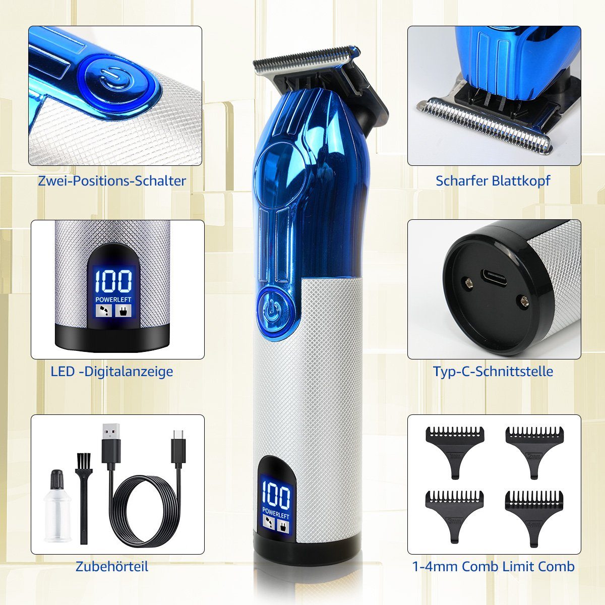 Wasserdichte Haarschneider, LED-Display Barttrimmer herren, Professionelle Blau 7Magic Trimmer Herren Bartschneider 1200-mAh-Akku