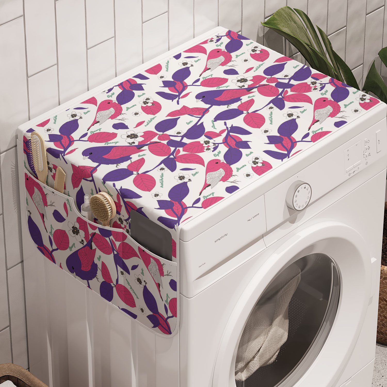 Abakuhaus Badorganizer Anti-Rutsch-Stoffabdeckung für Waschmaschine und Trockner, Tiere Farbige Blumen und Vögel