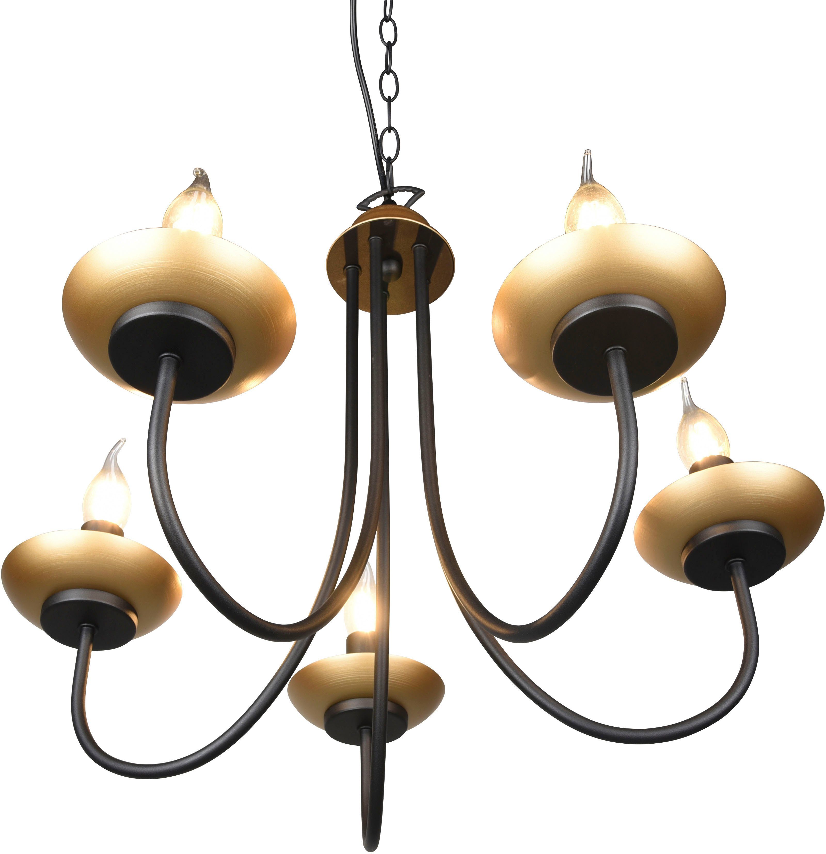 TRIO Leuchten Leuchtmittel, kaltweiß, Lüster - 5-flammig schwarz-gold, Kronleuchter 28W), ohne Höhe Livia, 150cm warmweiß in max 5xE14 (max exkl