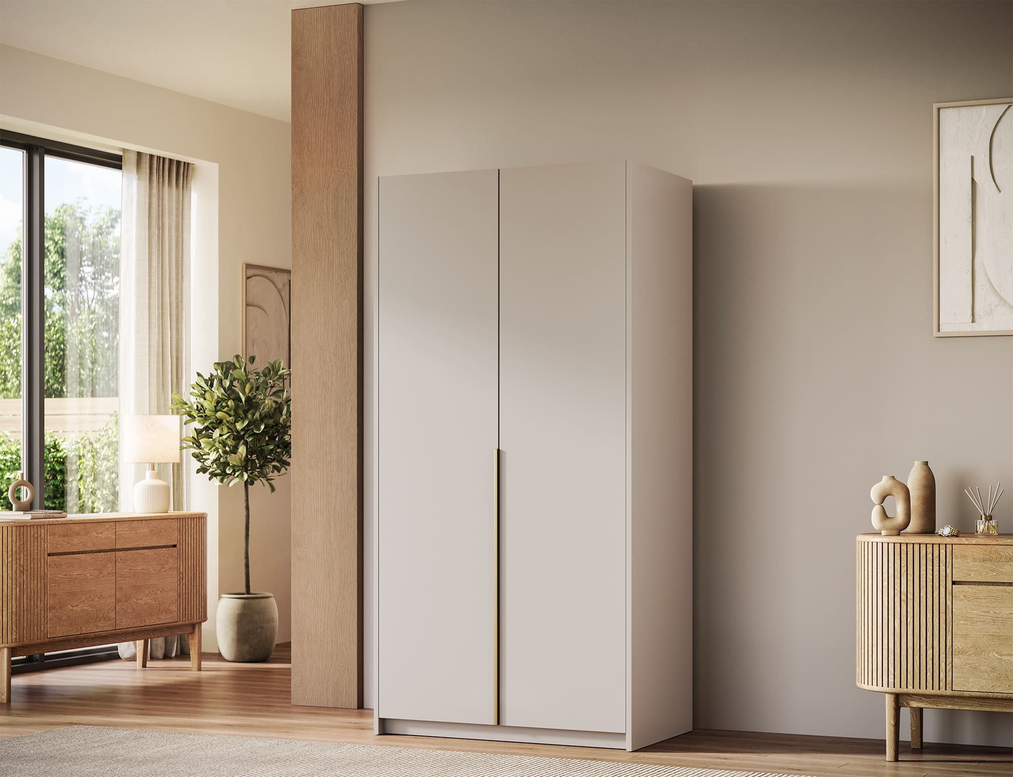 MOEBLO Drehtürenschrank Nordheim II (Kleiderschrank, 2-türig, mit Kleiderstange und 6 Einlegeböden, optional mit Aufsatzschrank, 100 cm breit, Kaschmir, Weiß oder Artisan-Eiche) (BxHxT):100 x 204/250 x 58 cm