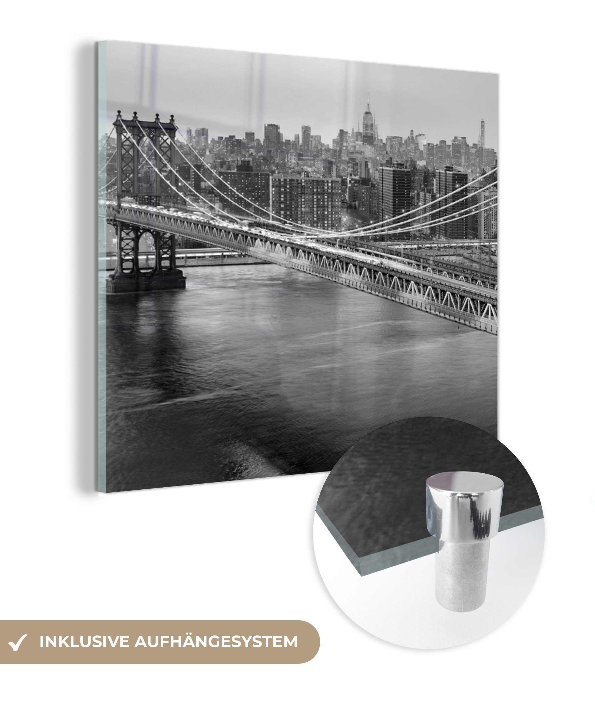MuchoWow Acrylglasbild Die Brooklyn Bridge bei Sonnenuntergang - schwarz und weiß, (1 St), Glasbilder - Bilder auf Glas Wandbild - Foto auf Glas - Wanddekoration