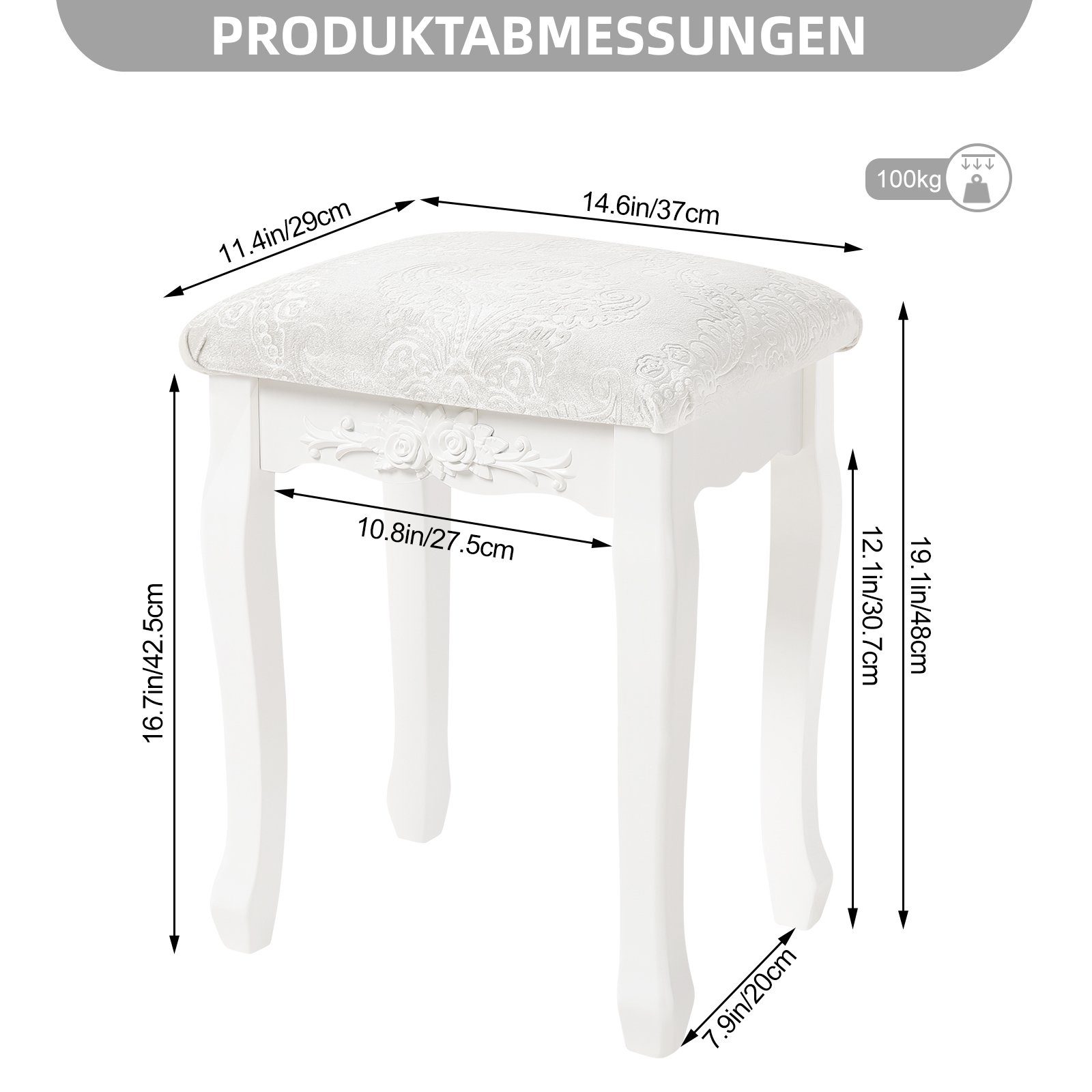 St), MDF Weiß Woltu Barock (1 Sitzhocker lackiert, Schminktisch, für Holz,