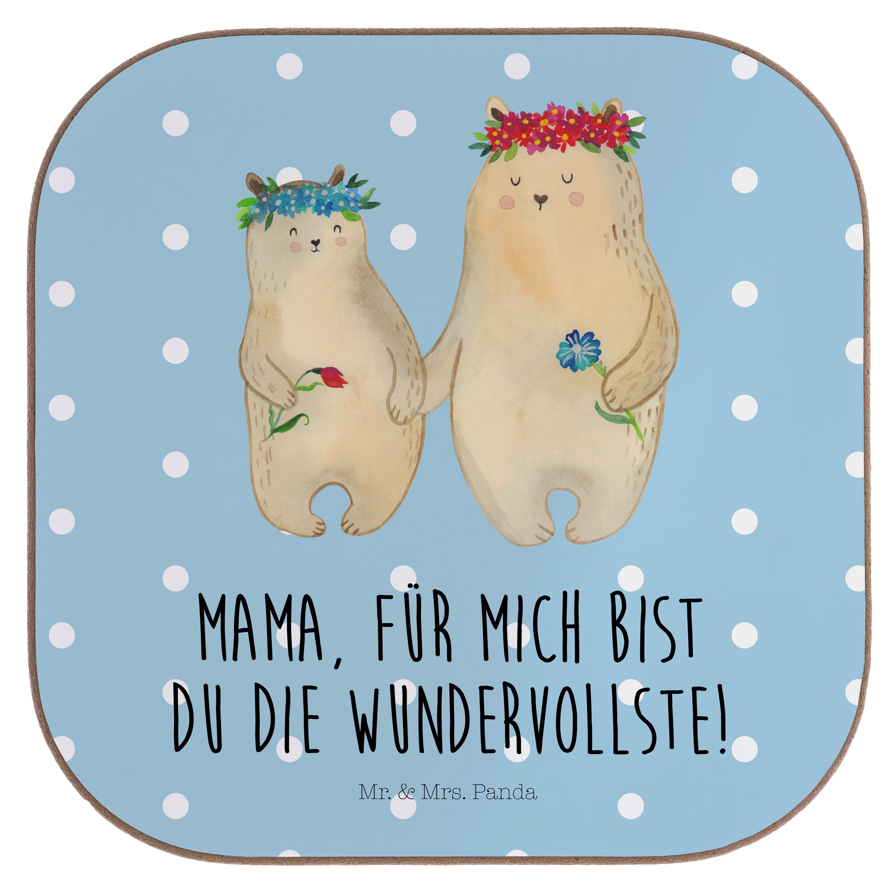 Mr. & Mrs. Panda Getränkeuntersetzer Bären mit Blumenkranz - Blau Pastell - Geschenk, Familie, beste Mutte, 1-tlg.