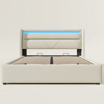 EXTSUD Funktionsbett Hydraulisches Stauraumbett mit LED-Lichtband, 140x200cm Funktionsbett, Doppelbettrahmen 140x200cm, Feature-Bett, weiß (mit Fernbedienung)