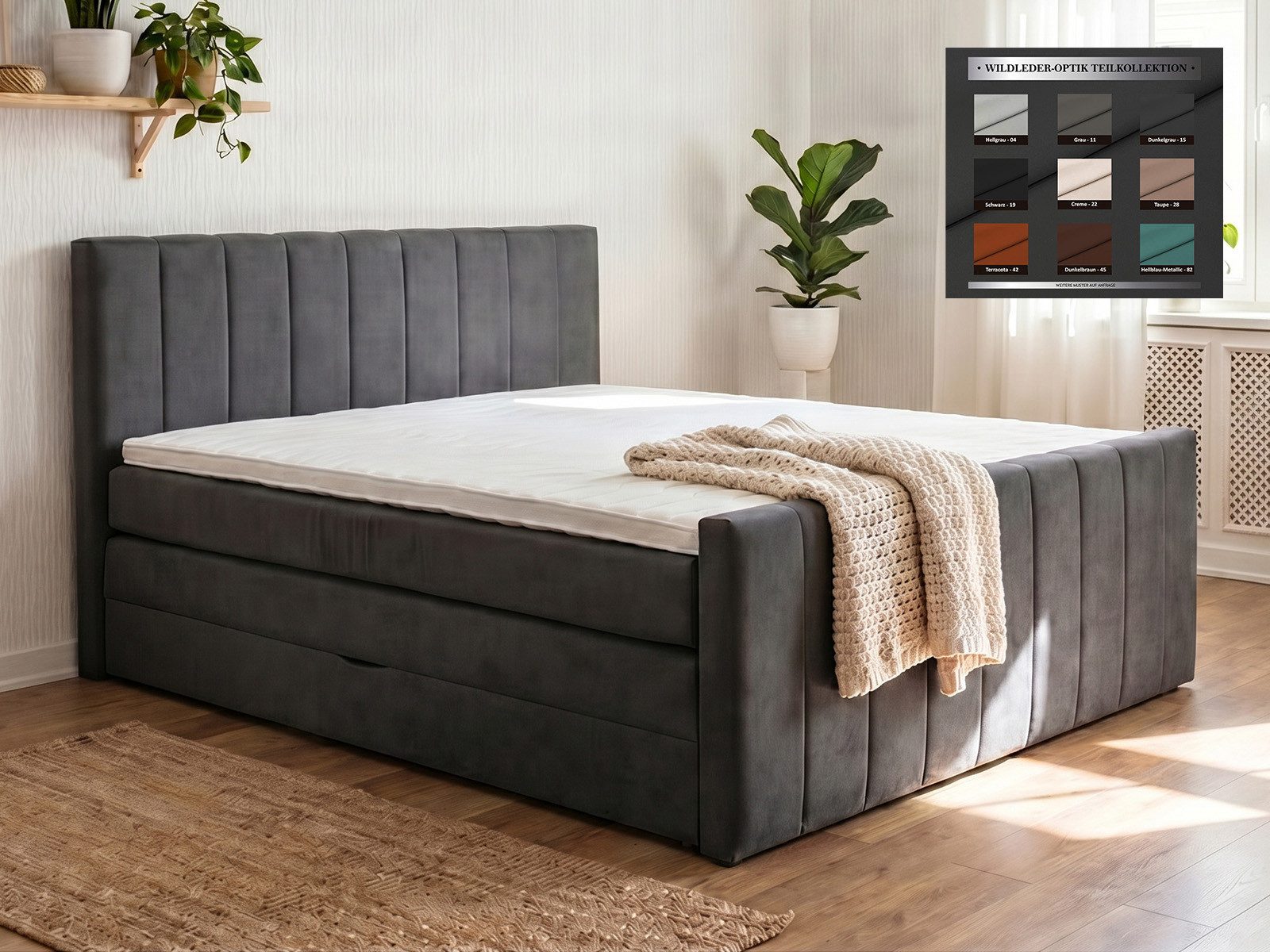 PAARA Boxspringbett mit Bettkasten und Matratze mit integrierten Topper - Modell Cali K, mit innovativem Belüftungssystem