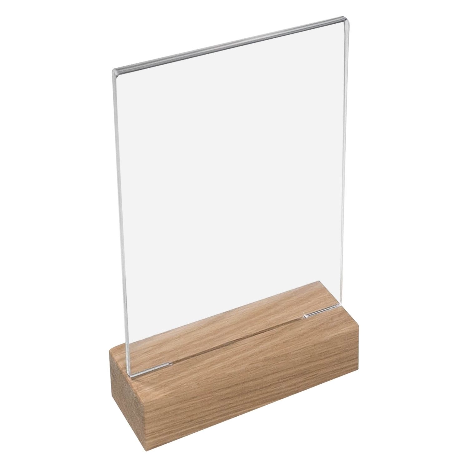 HMF Einzelrahmen 4694 Acryl Tischaufsteller, für 1 Bilder (1 St), T-Ständer mit Holzfuß aus Eichenholz, DIN A6 Hochformat, Glasklar