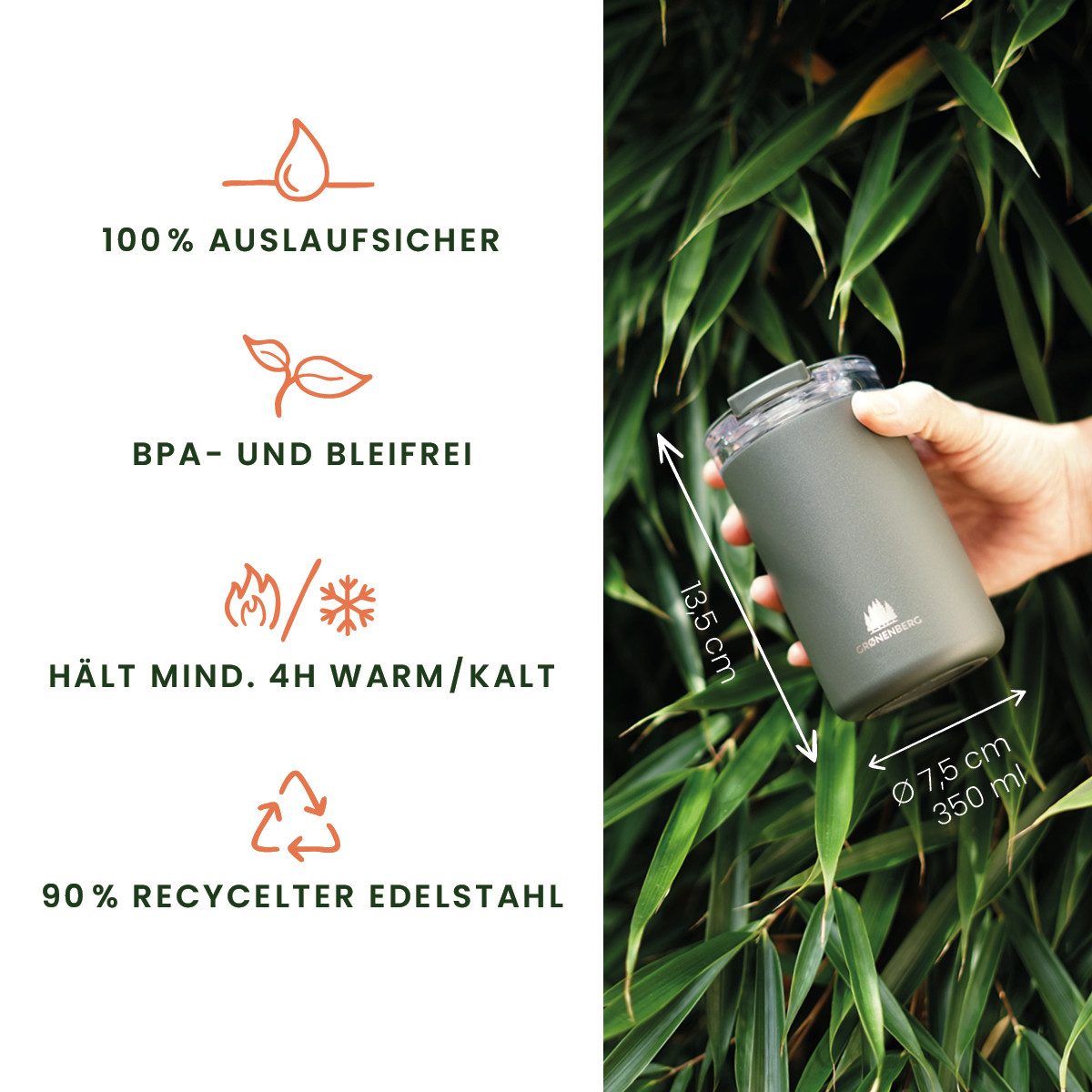 GRØNENBERG Thermobecher Kaffeebecher to go 320ml, 100% Auslaufsicher, Hält mind. 4 h warm, Rutschfest