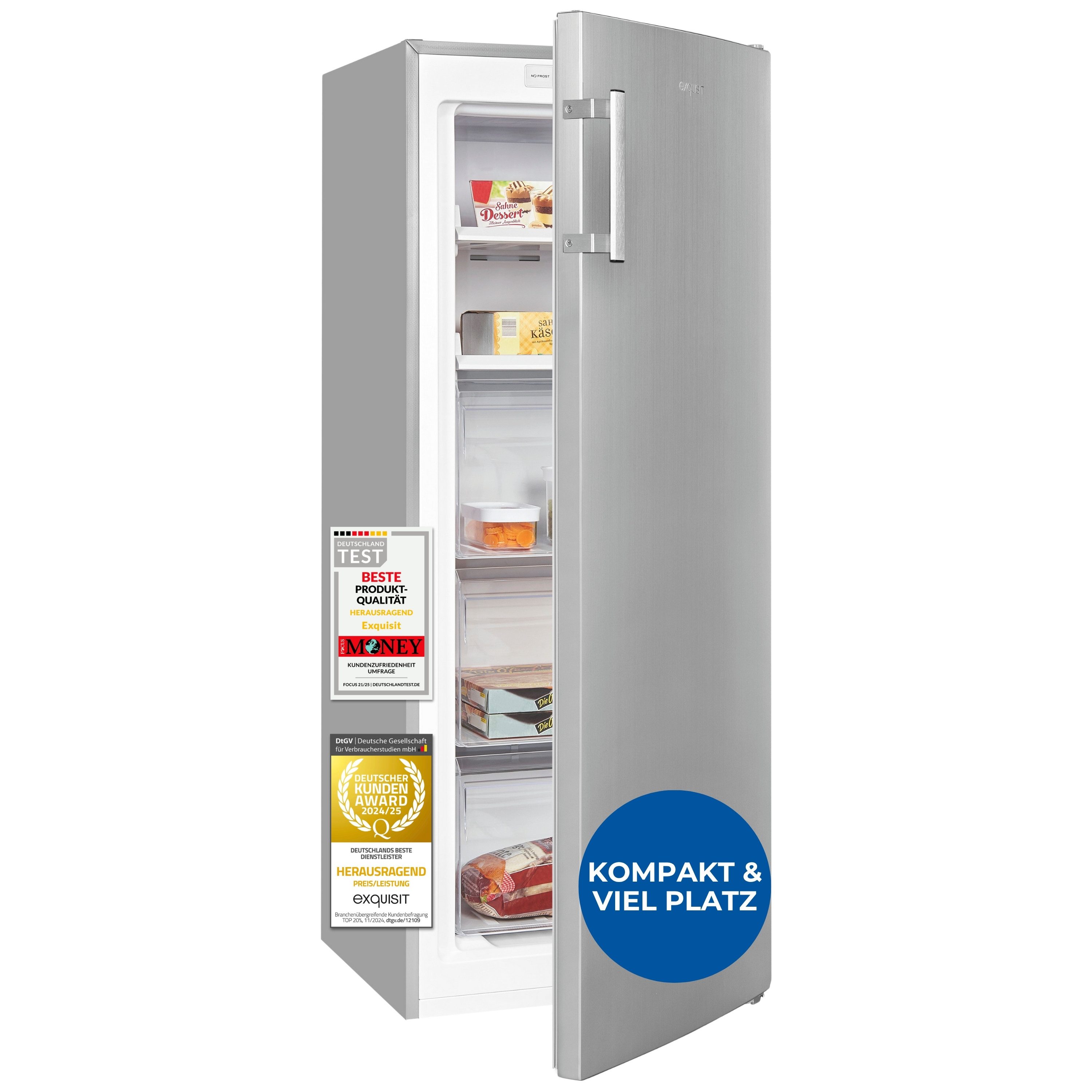 exquisit Gefrierschrank GS5231-NF-H-040C weiss, 143 cm hoch, 54 cm breit, NoFrost, Abtauverfahren automatisch, Schnellgefrierfunktion