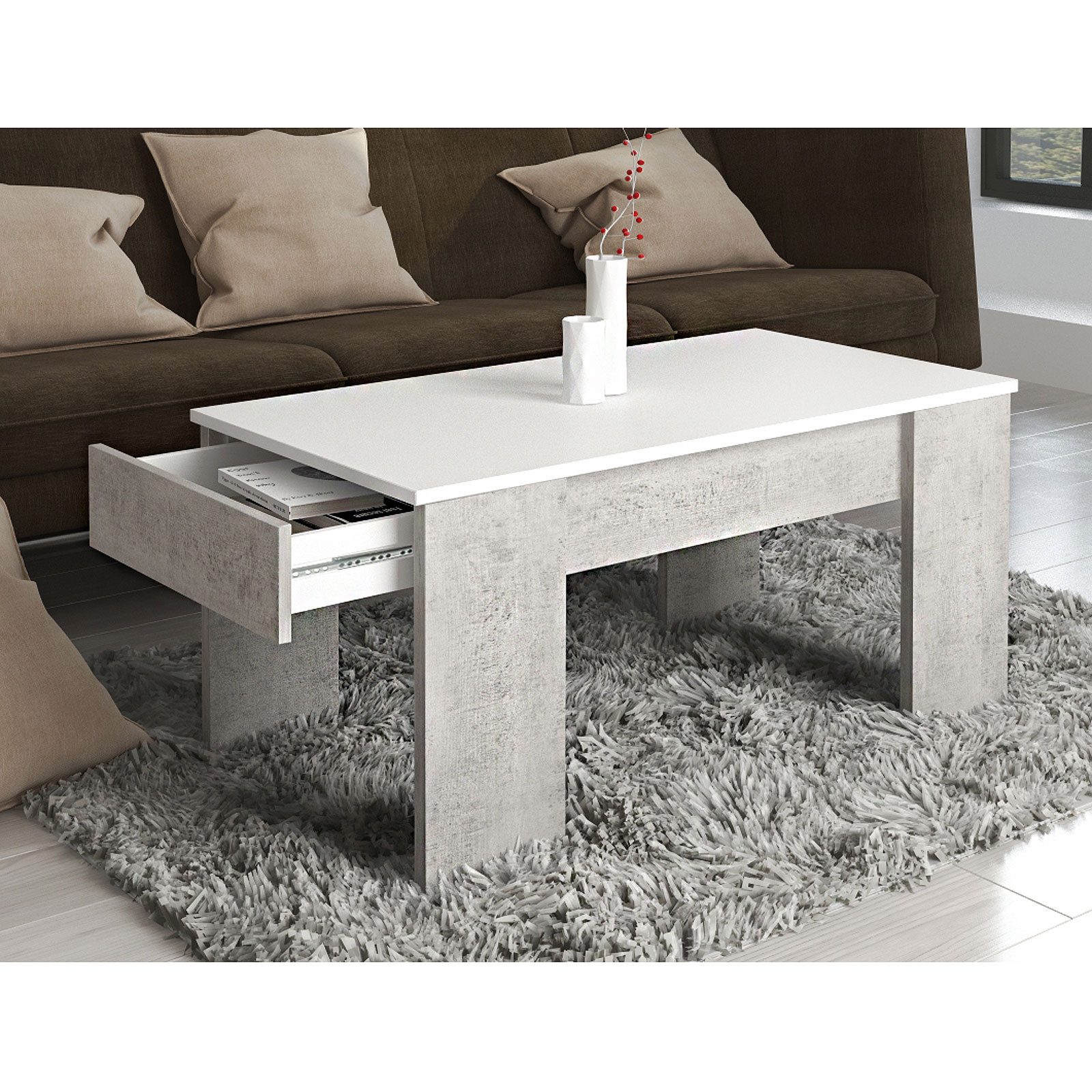Möbel Akut Couchtisch Couchtisch Genua Betonoptik / Weiß mit Schubkasten 100x50 cm