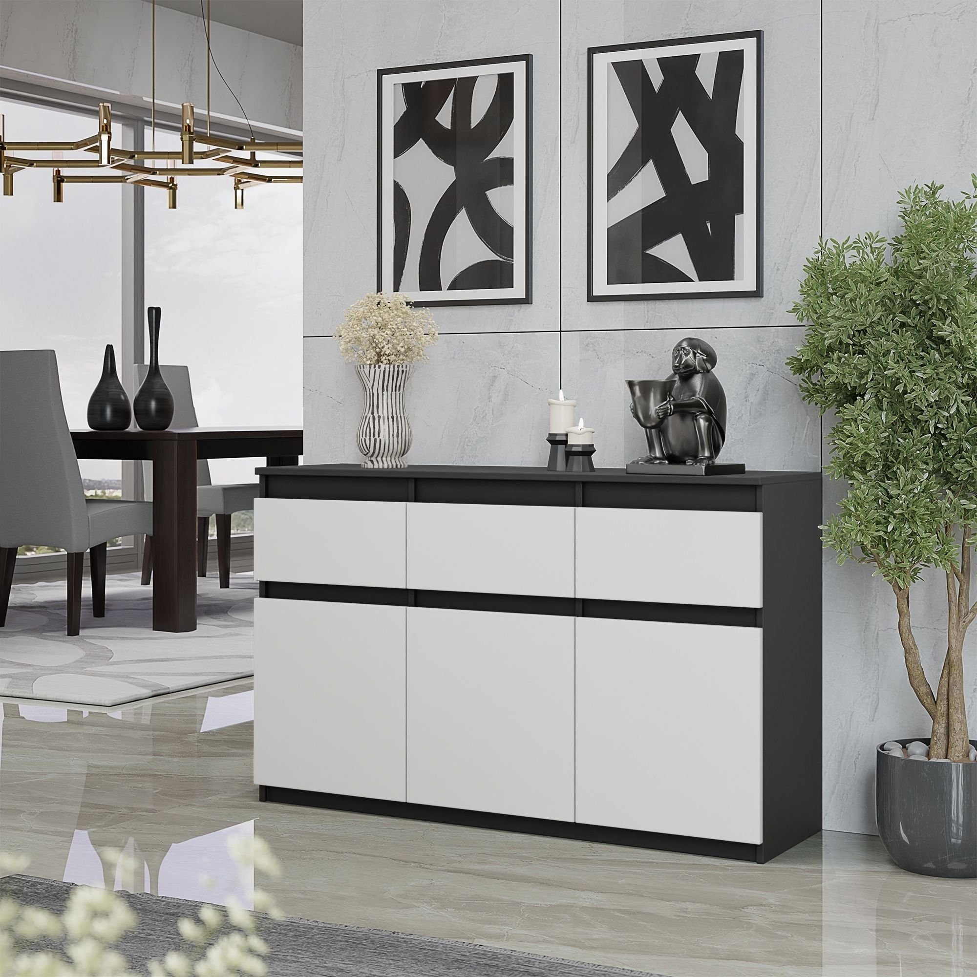 Furnica Sideboard NOAH, 3 Schubladen und 3 Türen - Anthrazit/Weiß Matt H75cm B120cm