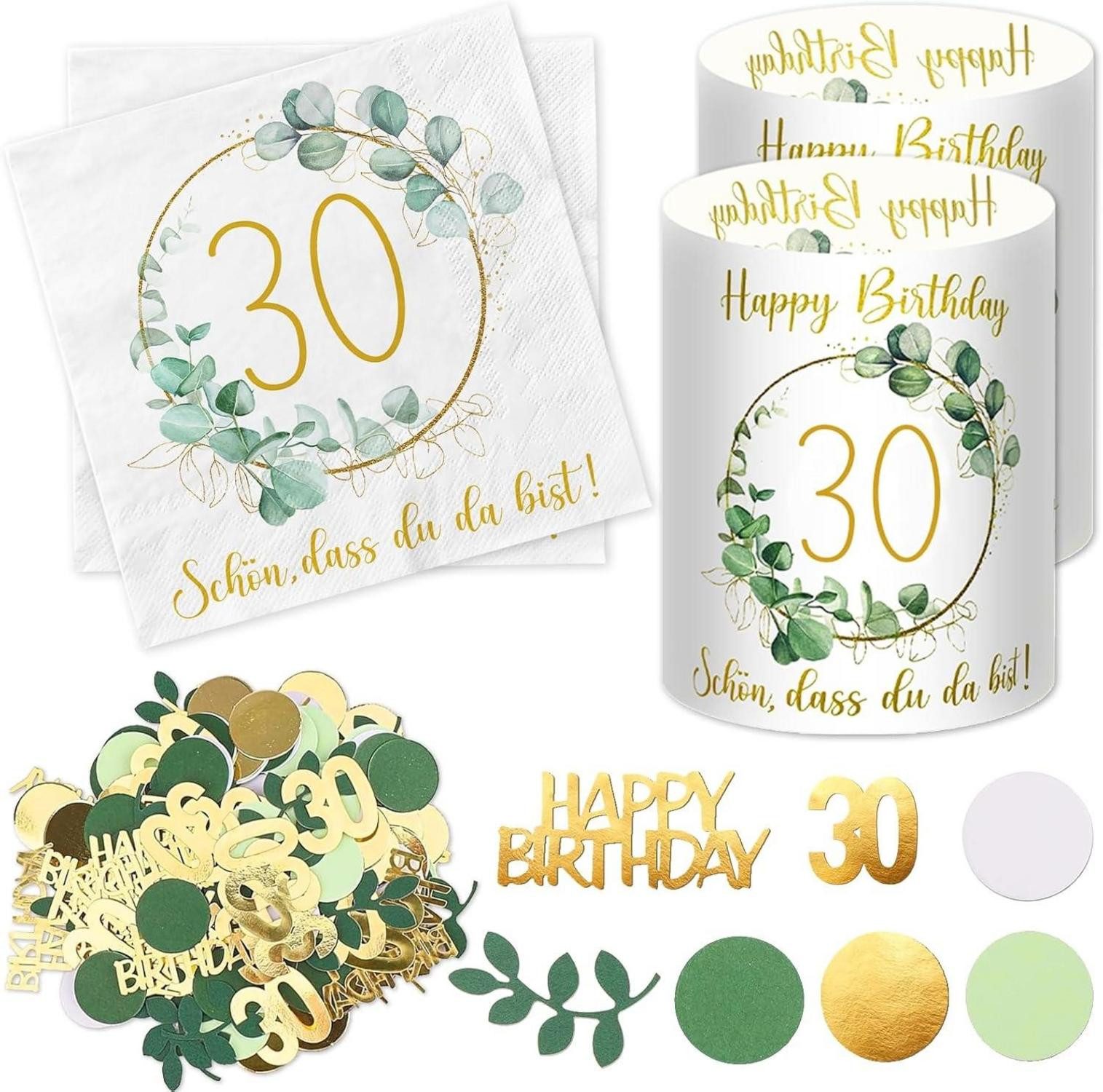 Dekohänger 30 Geburtstag Deko Set Grün Servietten Windlicht Konfetti Eukalyptus