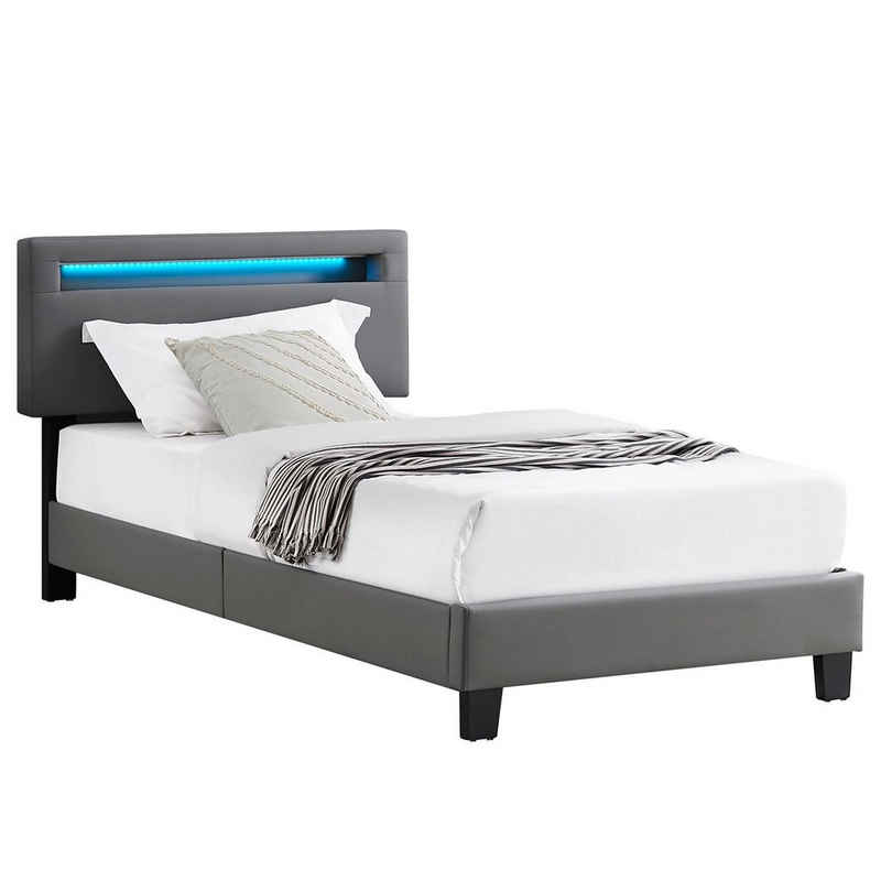 CARO-Möbel Polsterbett BENITO, Polsterbett 90x200 cm Bett mit Kunstleder in grau & LED Beleuchtung vi