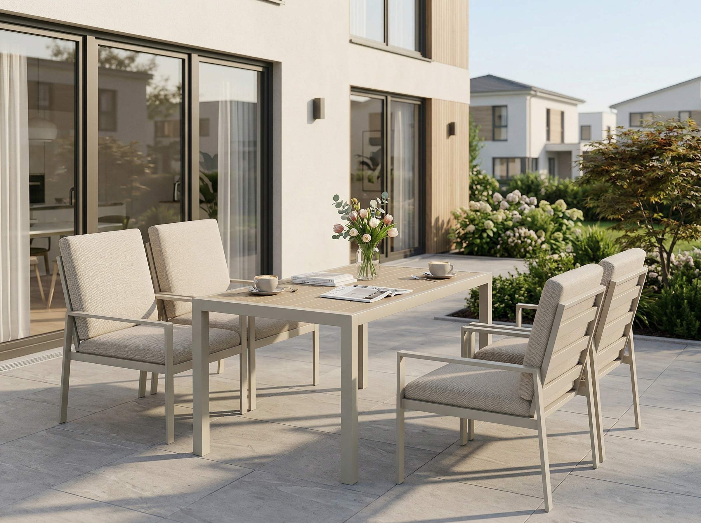 MeXo Gartenlounge-Set Gartenmöbel Set aus Aluminium mit Esstisch, (wetterfest, hoher Sitzkomfort, 5-tlg., bis 140 kg belastbar), mit pflegeleichte Polywood-Tischplatte, geeignet für 4 Personen