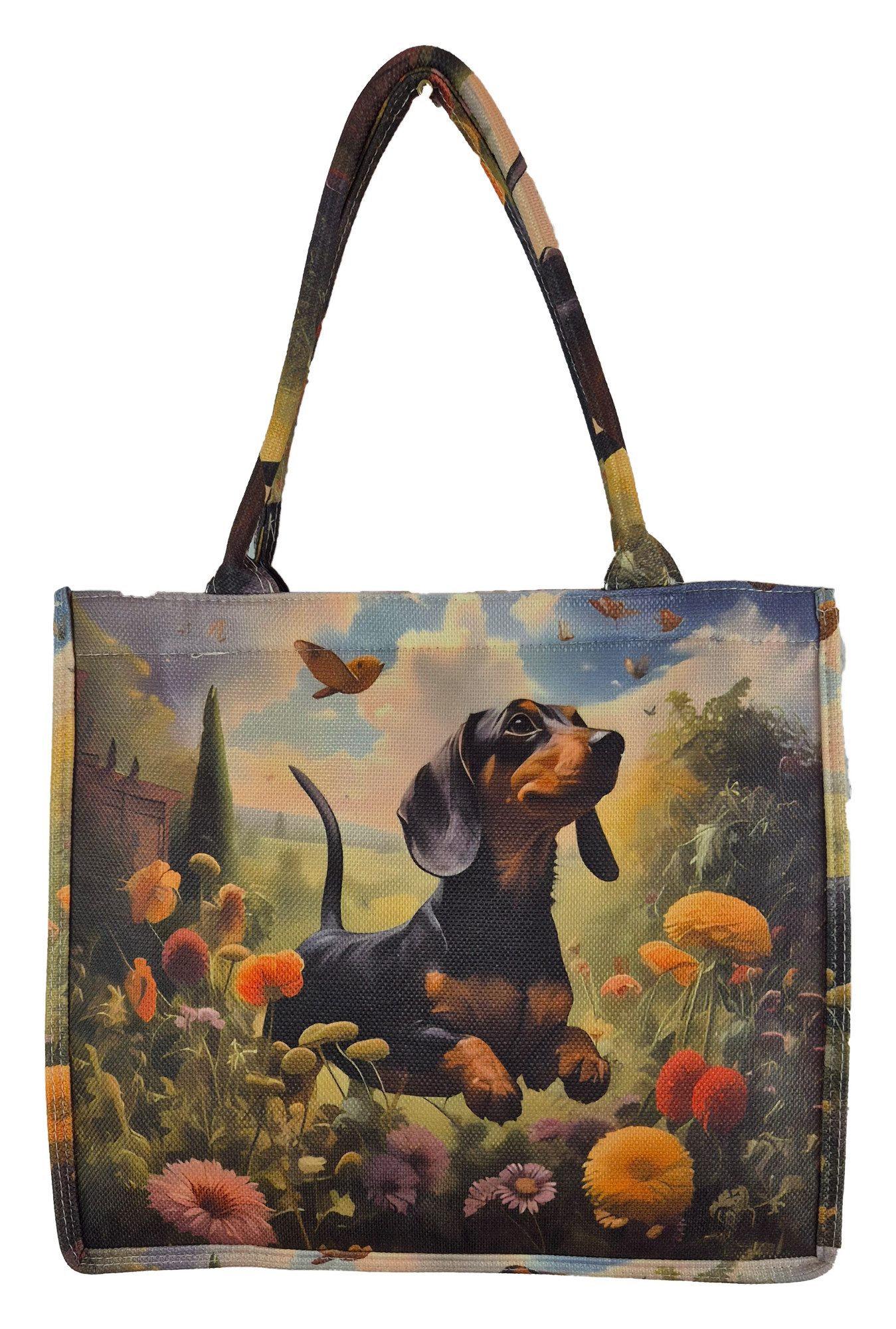 Einkaufszauber Shopper Shoppertasche Dackel - Strandtasche Totebag Handtasche, Dackel jagt Schmetterlinge auf der Wiese
