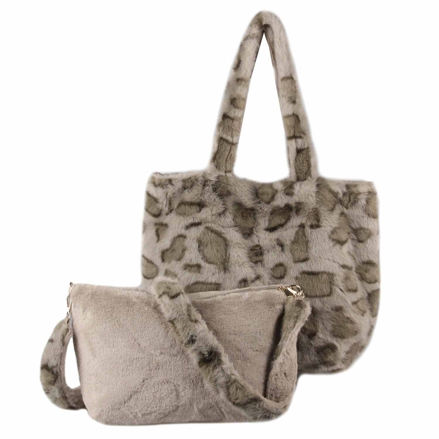 ITALYSHOP24 Schultertasche XXL Damen Leopard Print Tasche Tote Bag PELZTASCHE Shopper Crossbody, Leo Umhängetasche Teddytasche Plüsch Felltasche Weekender Kunstpelz